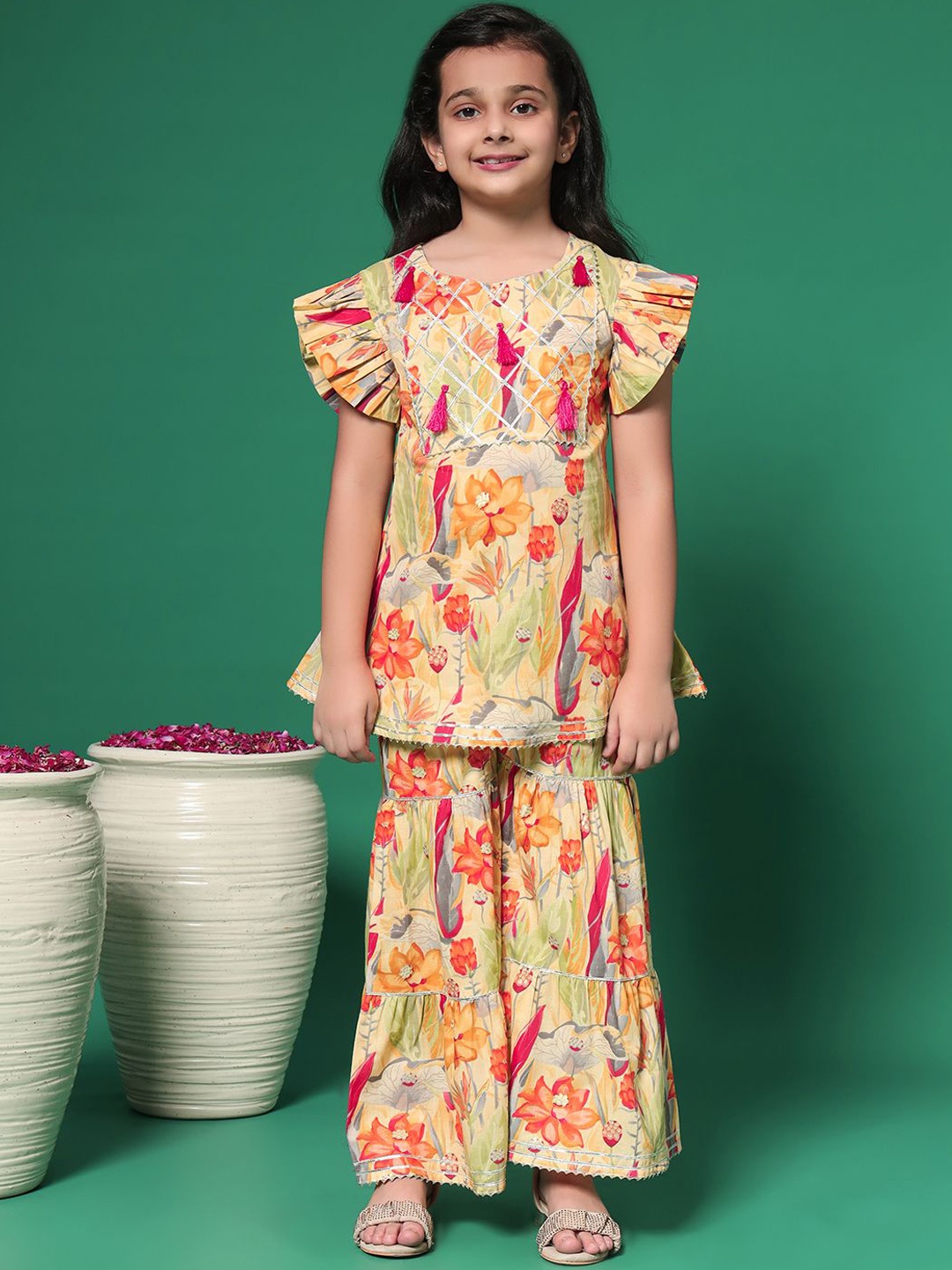 

Readiprint Girls Floral Printed Pleated Gotta Patti Pure Cotton Kurti with Sharara, Mustard