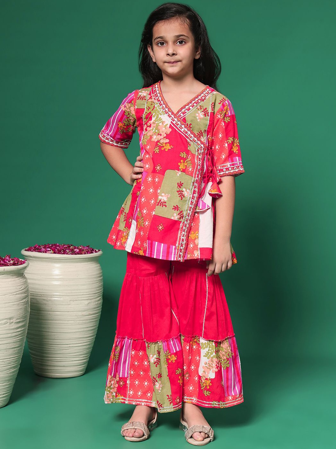 Readiprint Girls Floral Printed Angrakha Thread Work Pure Cotton Kurti with Sharara, Red