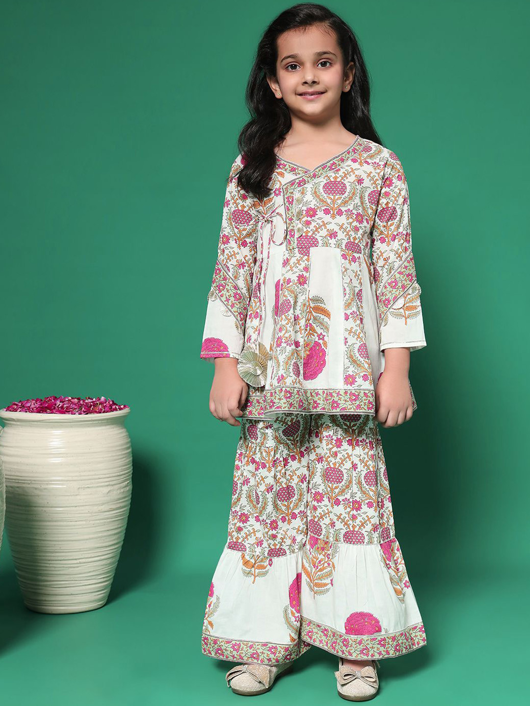 

Readiprint Girls Floral Printed Angrakha Gotta Patti Pure Cotton Kurti with Sharara, Off white