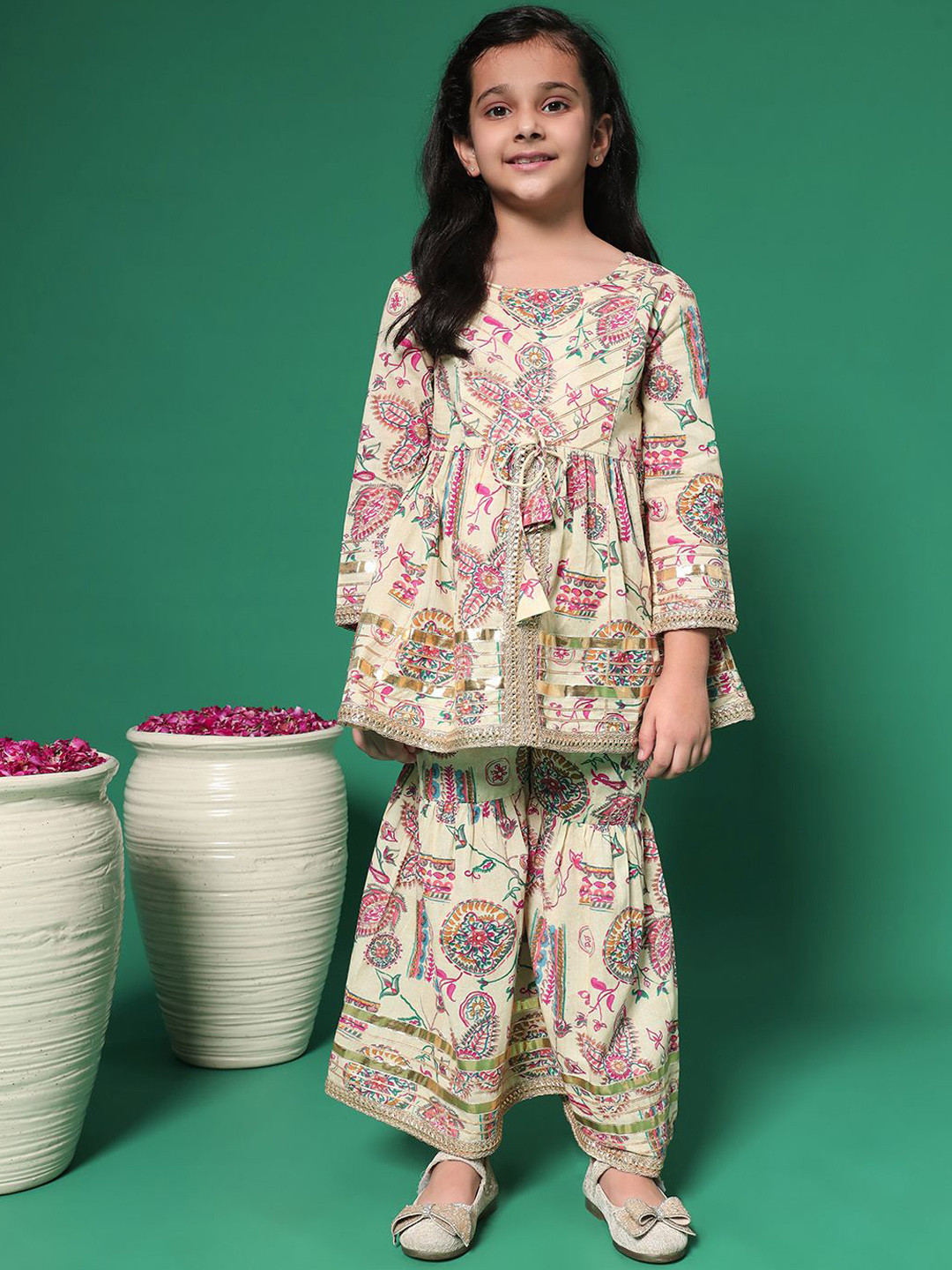 

Readiprint Girls Floral Printed Pleated Gotta Patti Pure Cotton Kurti with Sharara, Beige