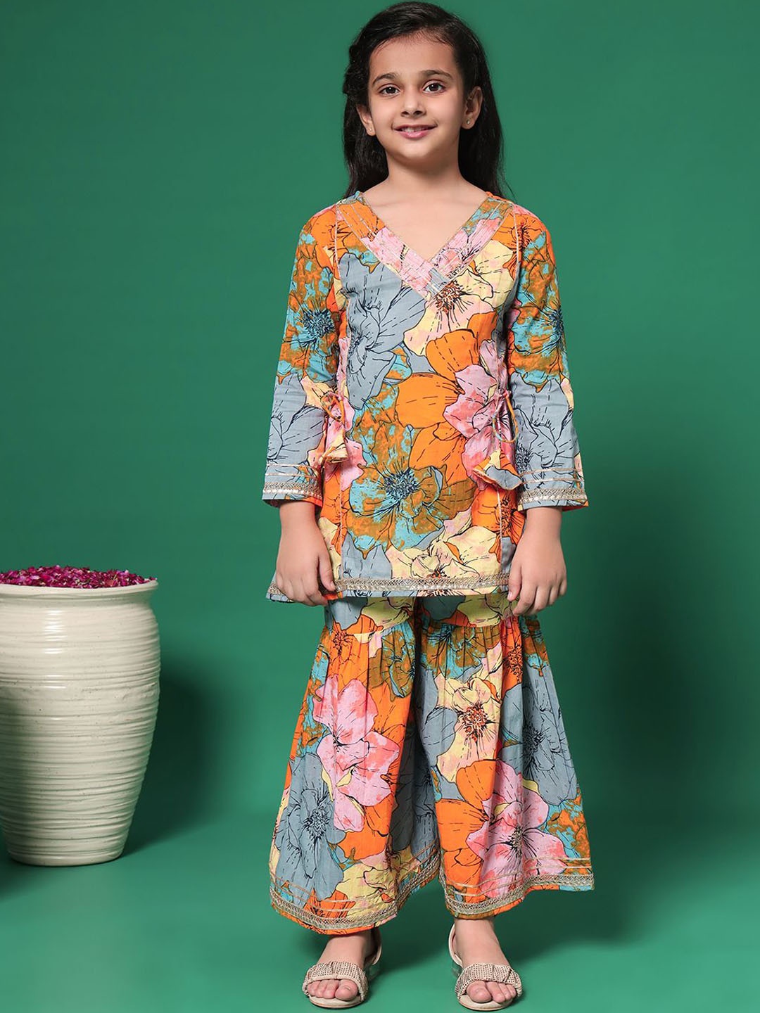 

Readiprint Girls Floral Printed Regular Pure Cotton Kurti with Sharara, Grey