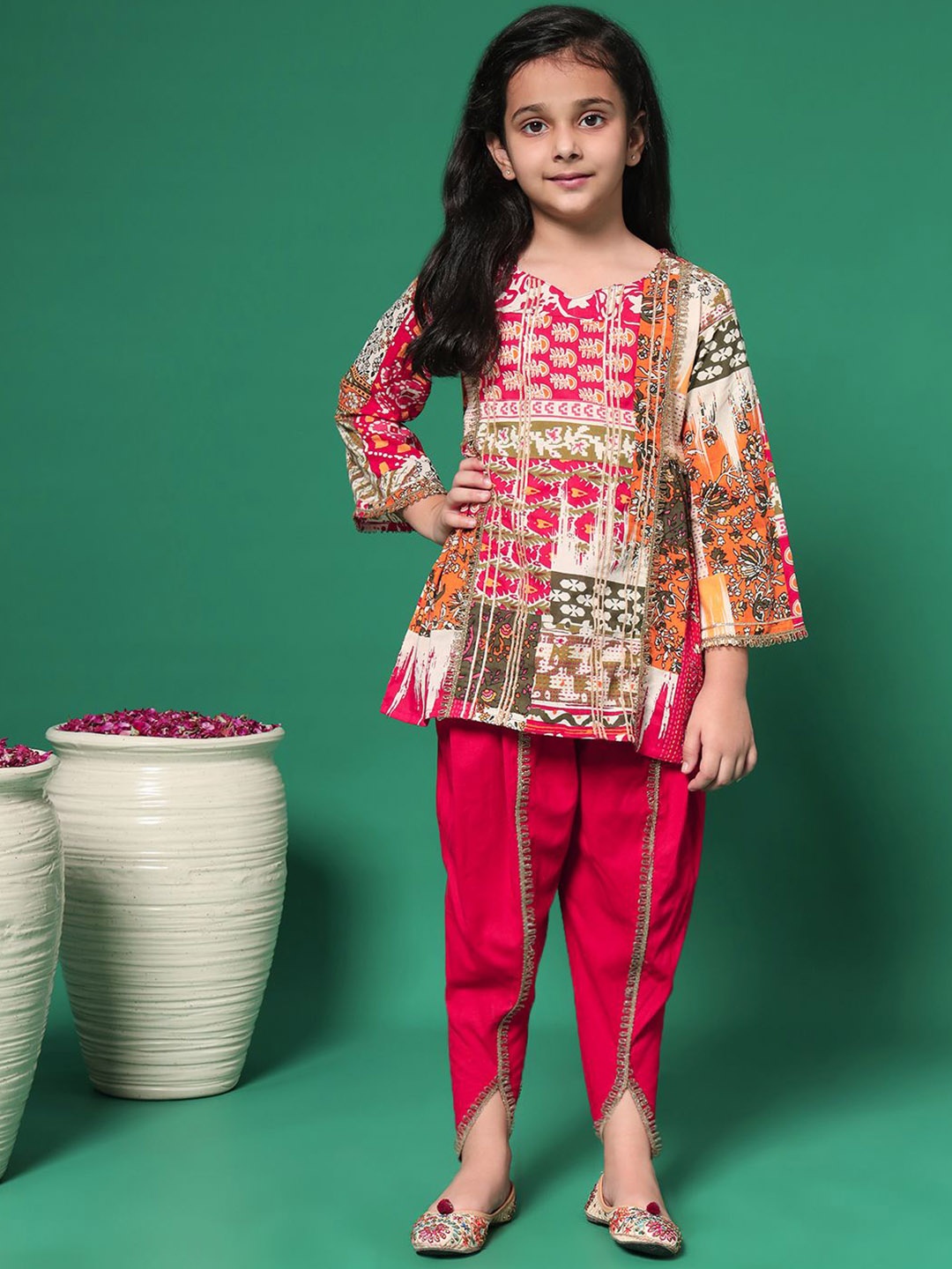 

Readiprint Girls Floral Printed Pleated Gotta Patti Pure Cotton Kurti with Dhoti Pants, Red