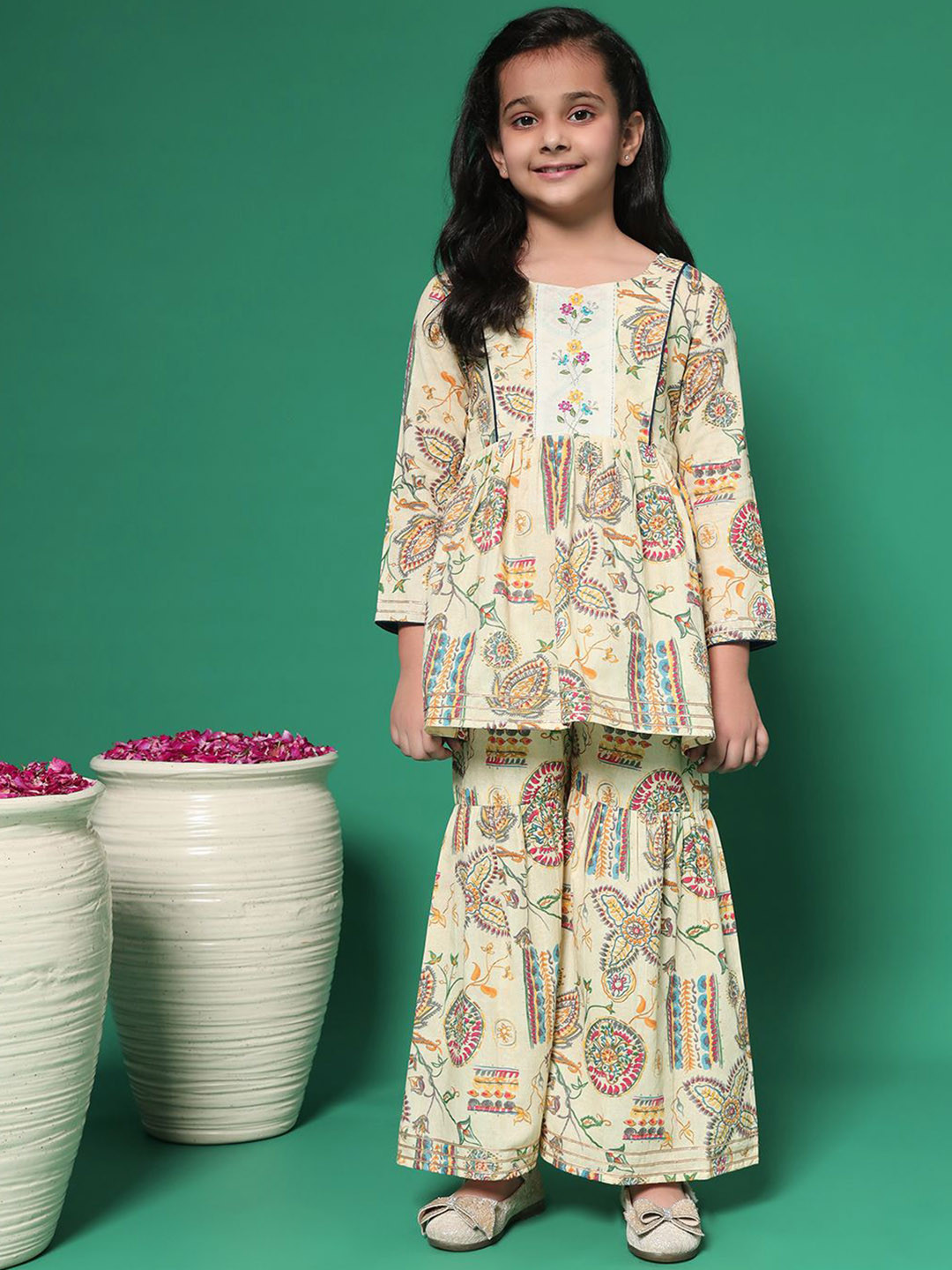 

Readiprint Girls Floral Printed Pleated Gotta Patti Pure Cotton Kurti with Sharara, Beige