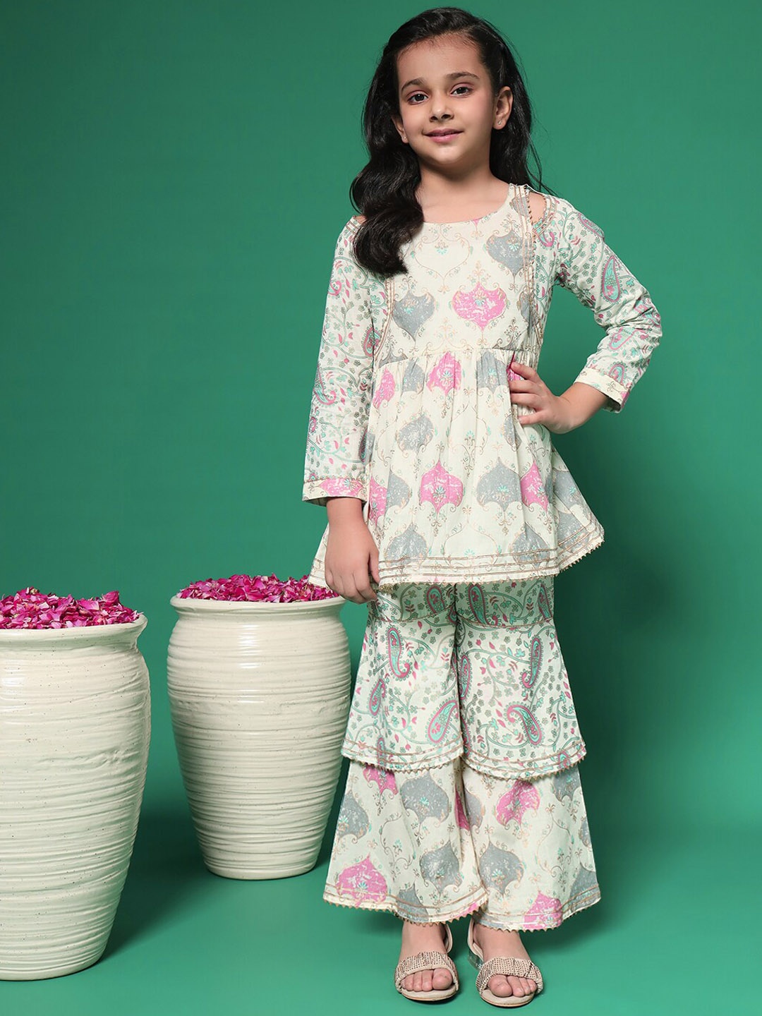 

Readiprint Girls Floral Printed Pleated Gotta Patti Pure Cotton Kurti with Sharara, Cream