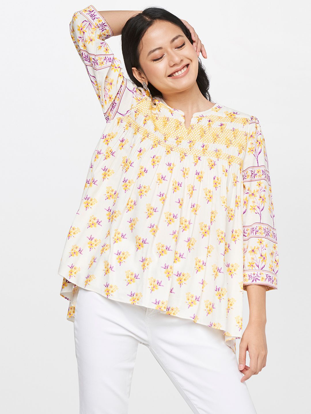

Global Desi Floral Print Cotton Top, Off white