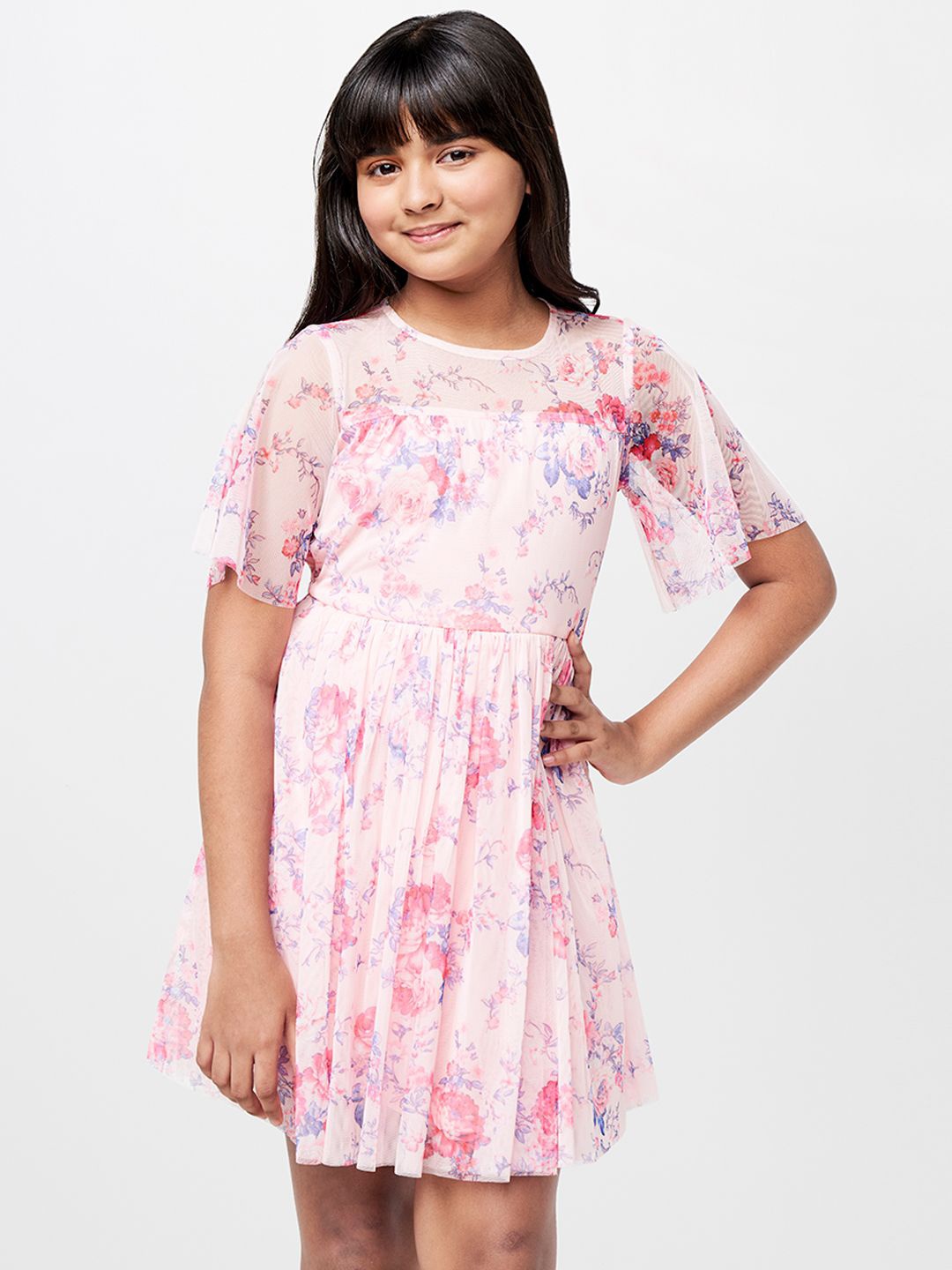 AND Floral Print Flared Sleeve Fit & Flare Dress, Pink