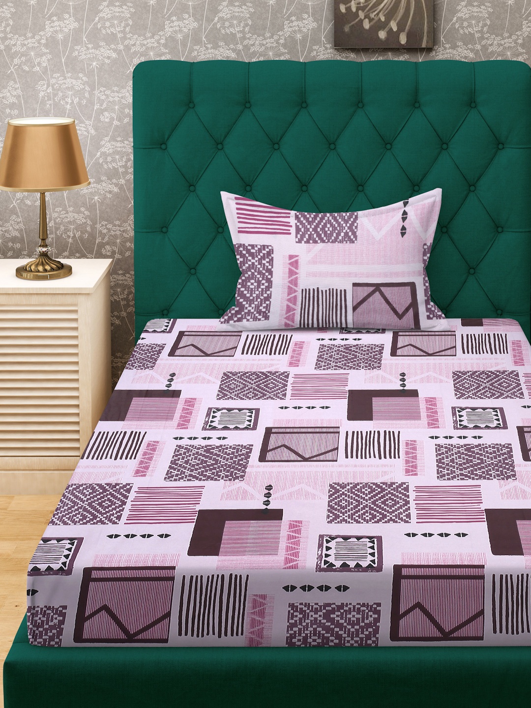 

KLOTTHE Purple Printed Pure Cotton Fitted 400 TC Single Bedsheet With Pillow Cover