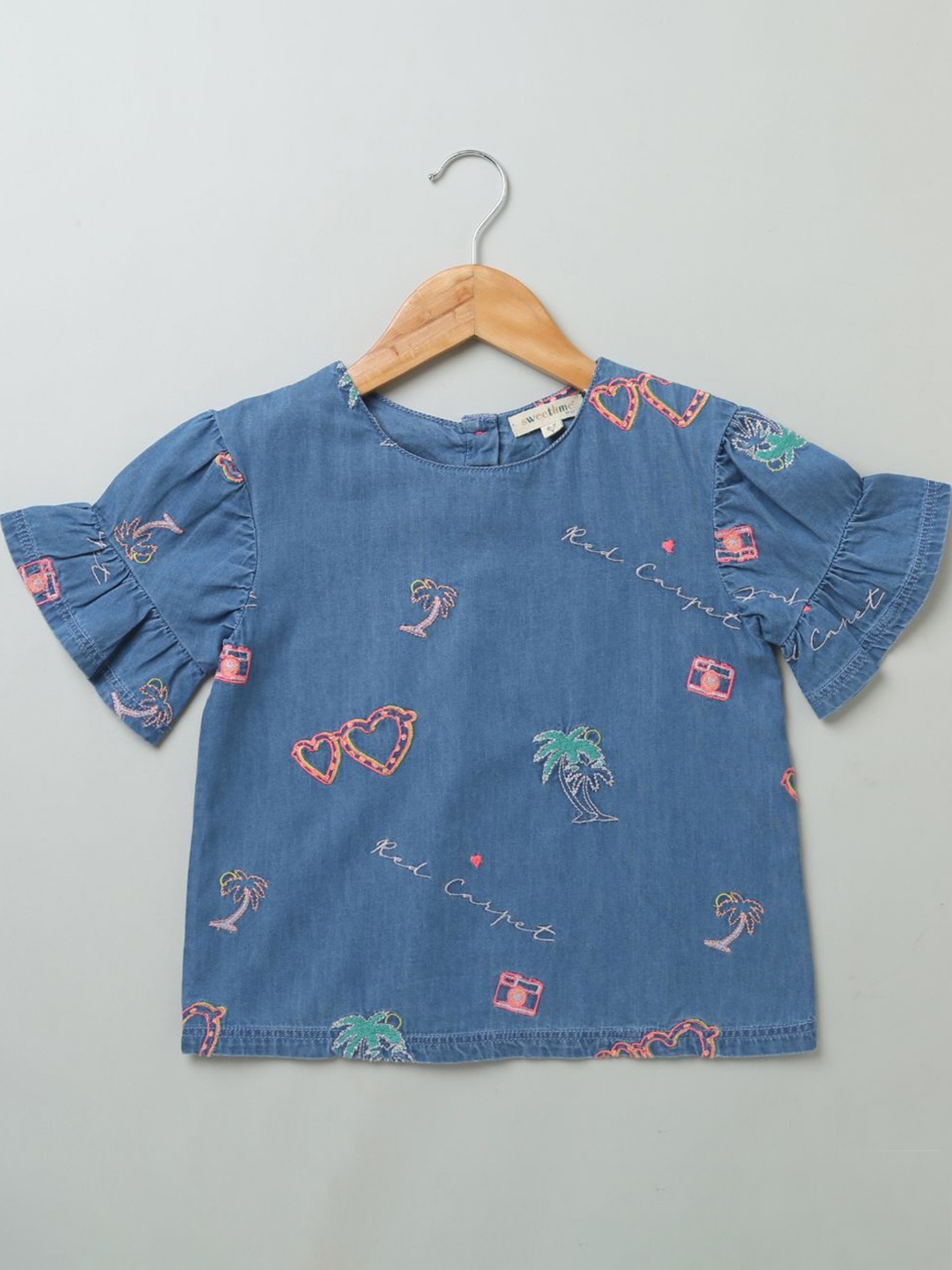 

Sweetlime By AS Print Flared Sleeve Denim Top, Blue