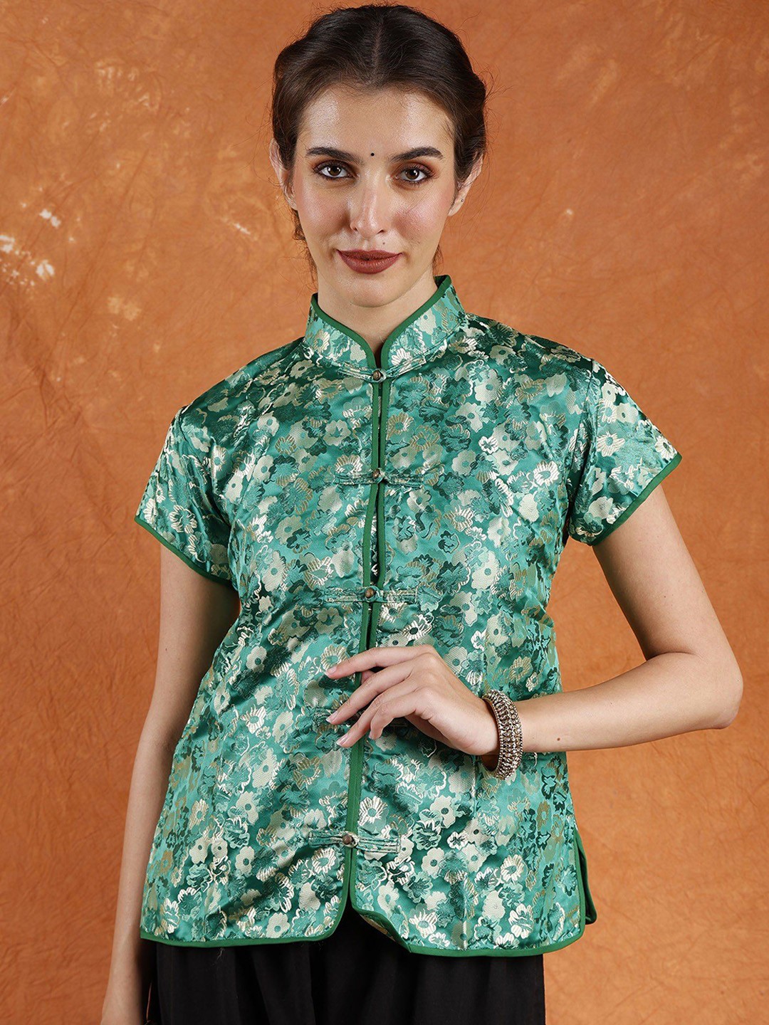 

Exotic India Women Floral Cheongsam Jacket with Woven Flowers, Green