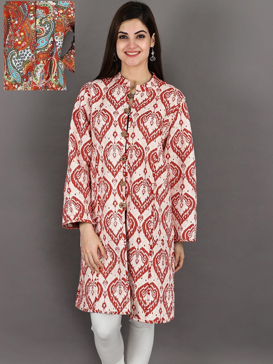 

Exotic India Pure Cotton Block-Printed Reversible Quilted Jodhpuri Jacket, Red