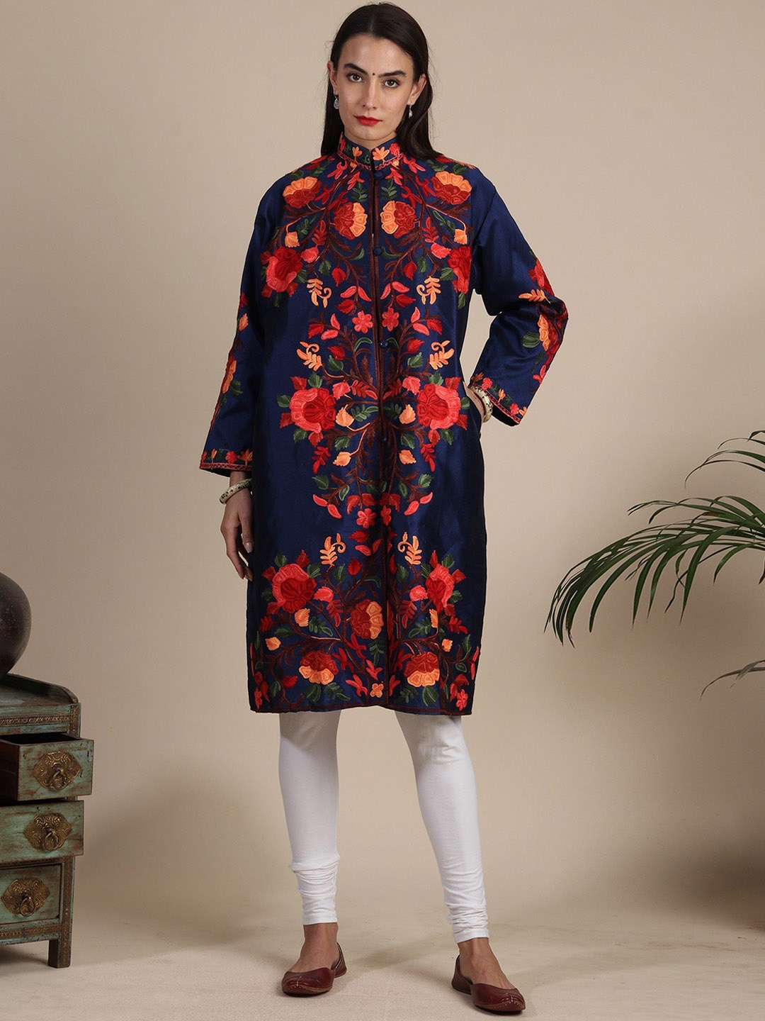 

Exotic India Beacon Blue Art Silk Kashmiri Long Jacket with Aari Embroidered Flowers