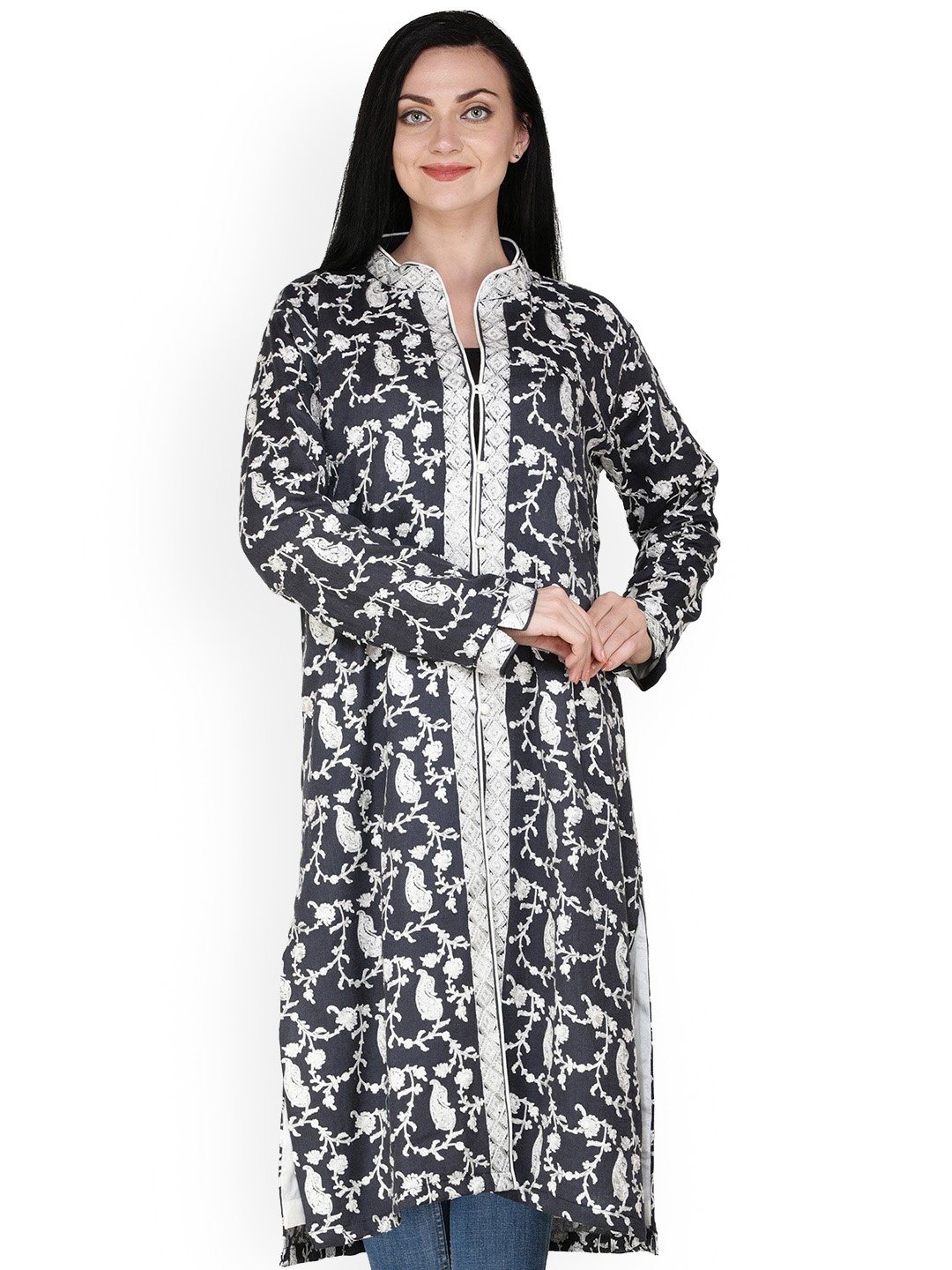 

Exotic India Women Woollen Longline Tailored Jacket, Grey