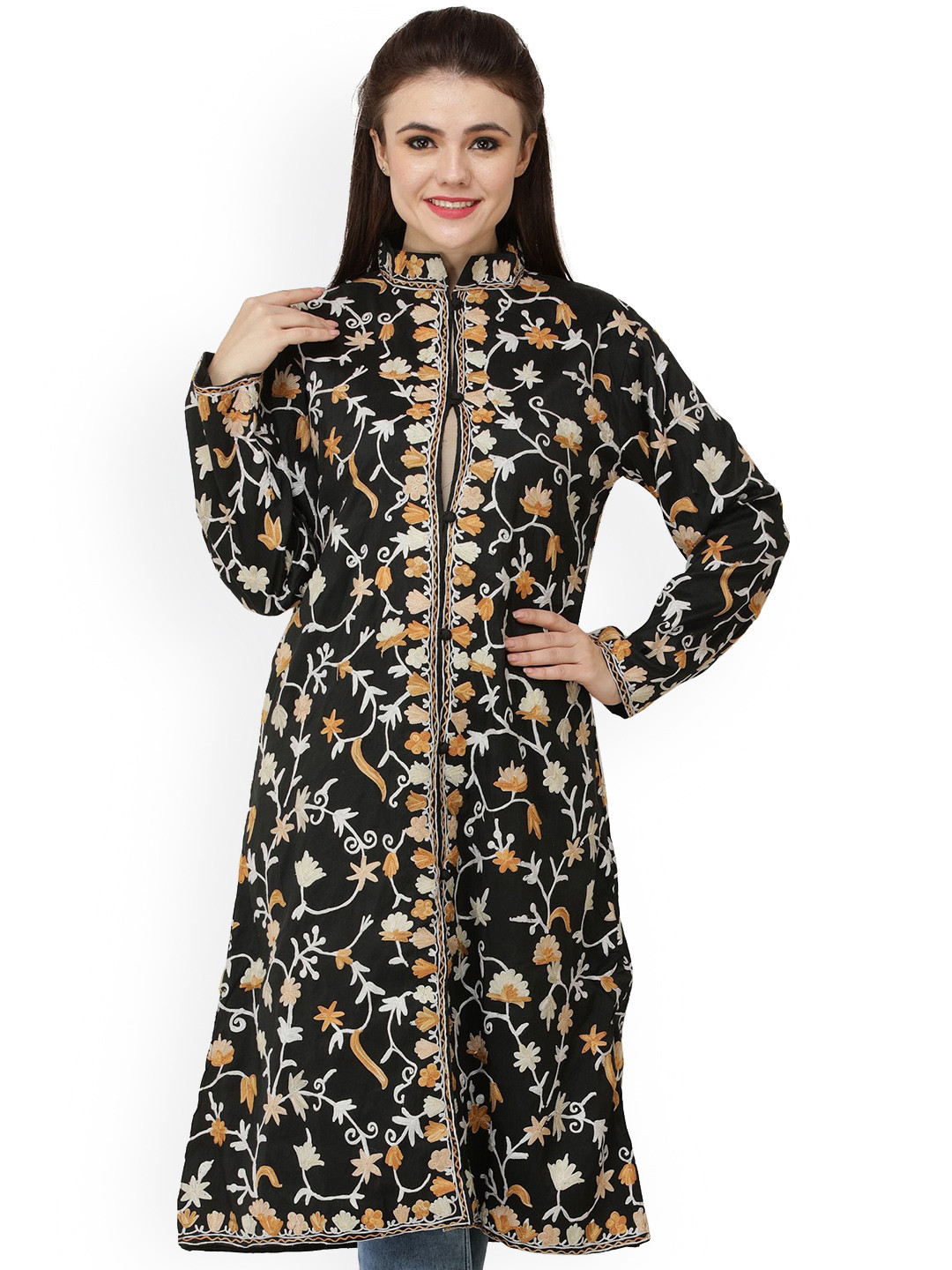 

Exotic India Caviar Black Amritsari Long Jacket with Aari Embroidered Flowers all over