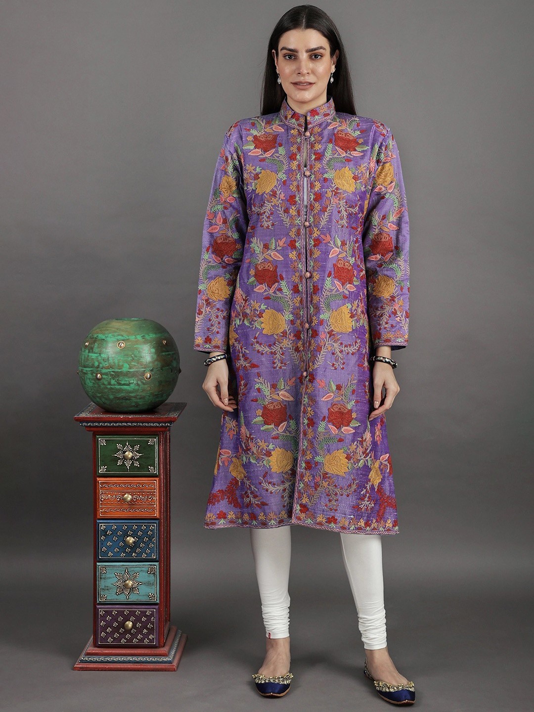 

Exotic India Women Silk Kashmiri Embroidered Long Ethnic Tailored Jacket, Purple