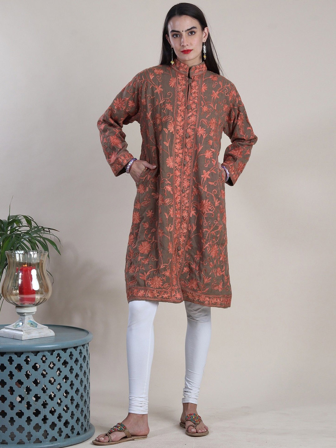 

Exotic India Women Floral Woollen Crop Bomber with Patchwork Jacket, Brown