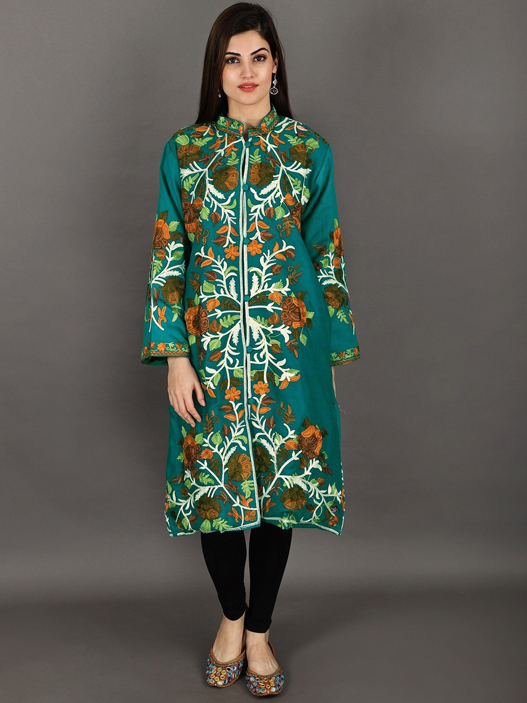 

Exotic India Deep Lake Kashmiri Long Jacket With Aari-Embroidered Giant Leaves & Flowers, Green