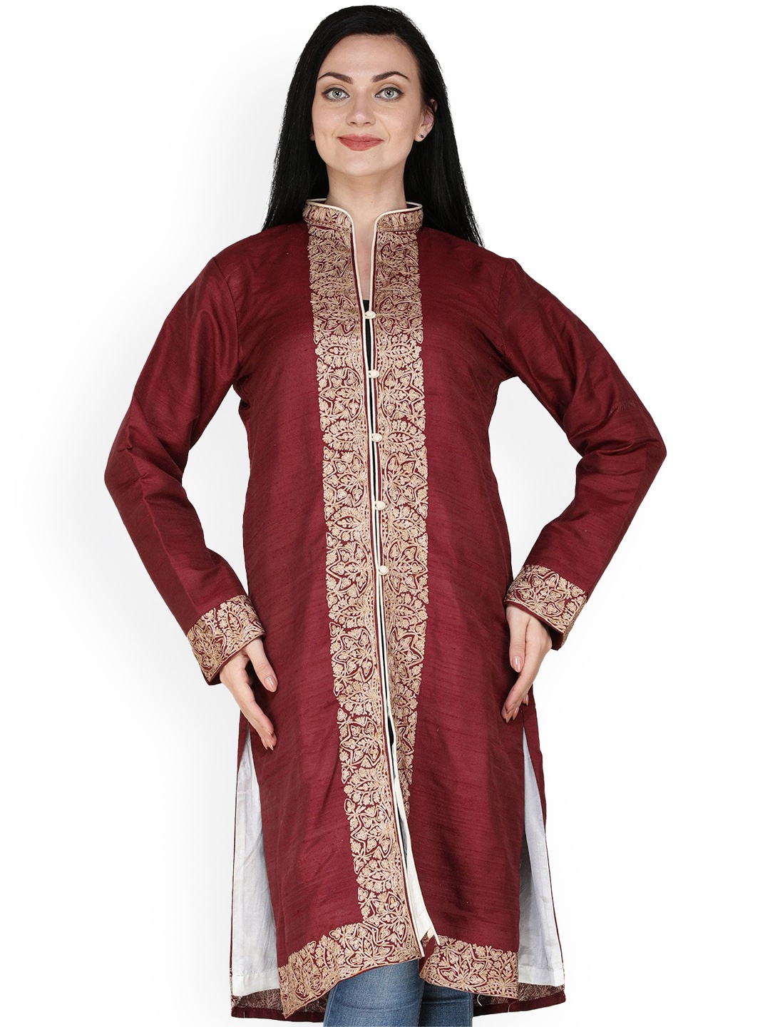 

Exotic India Apple Butter Pure Silk Long Jacket with Aari Embroidered Border, Red