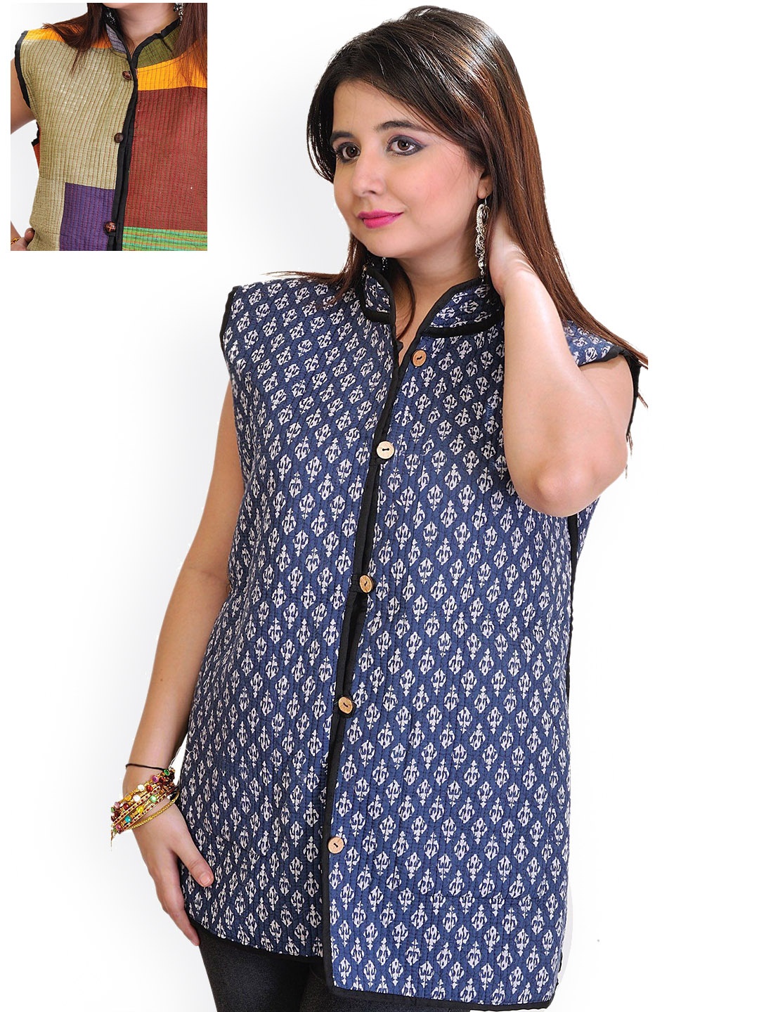 

Exotic India Patchwork Bagdoo Print Reversible Pure Cotton Jacket, Multi