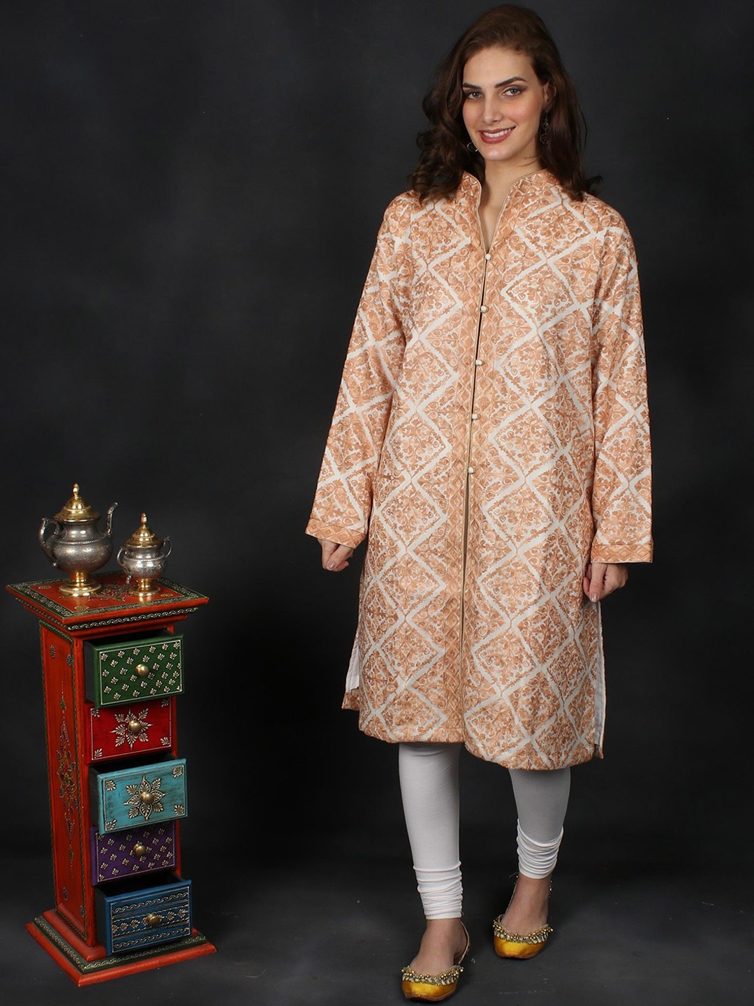 

Exotic India Women Wool Kashmiri Longline Jacket with Aari-Embroidered Flowers, Beige