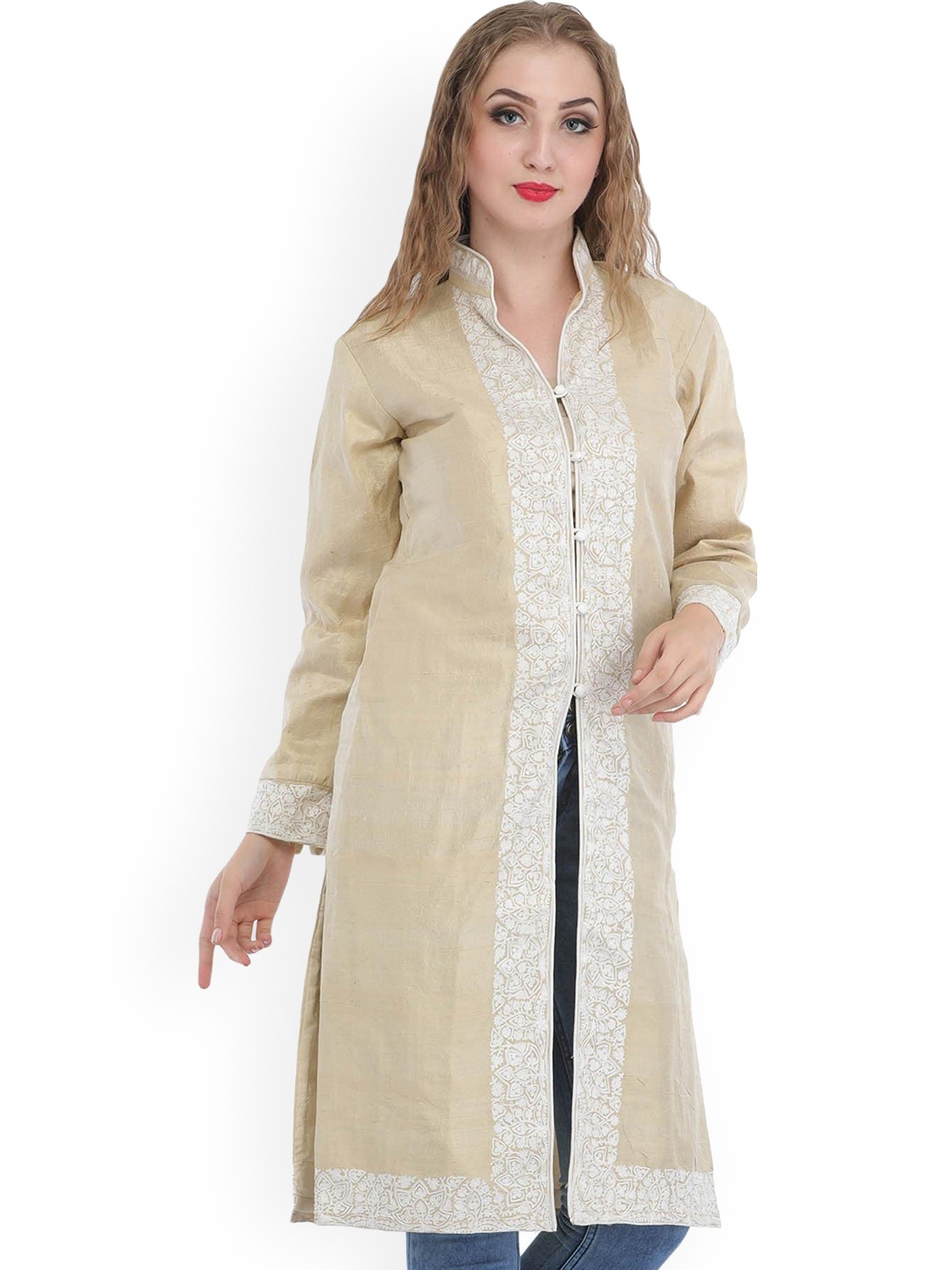 

Exotic India Antique White Kashmiri Long Jacket with Aari Embroidery on Border, Off white