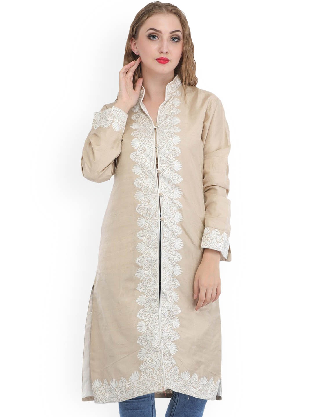 

Exotic India Aari Embroidered Pure Silk Shifting Sand Jacket, Beige
