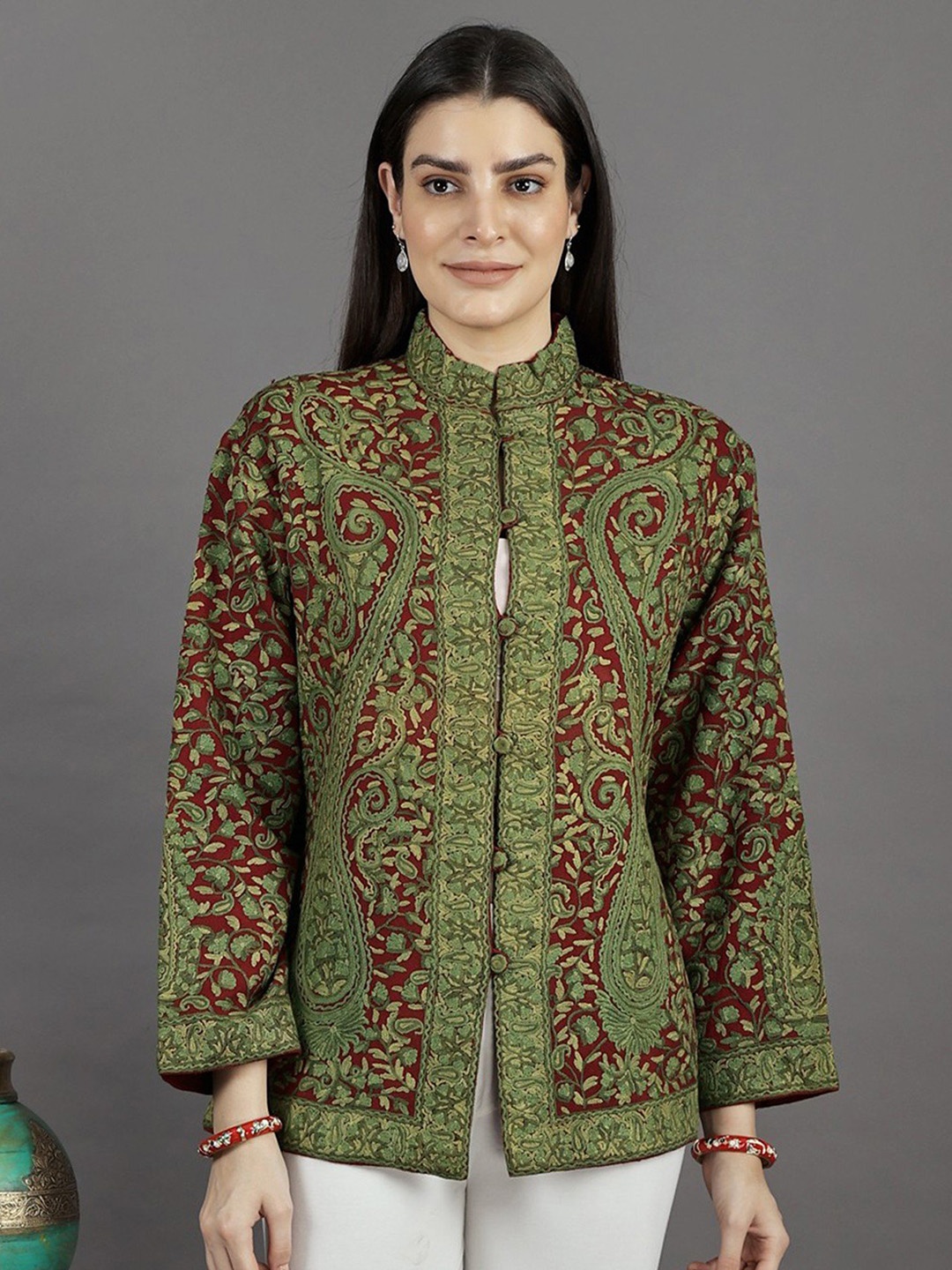 

Exotic India Women Woollen winters Longline Parka Jacket, Green