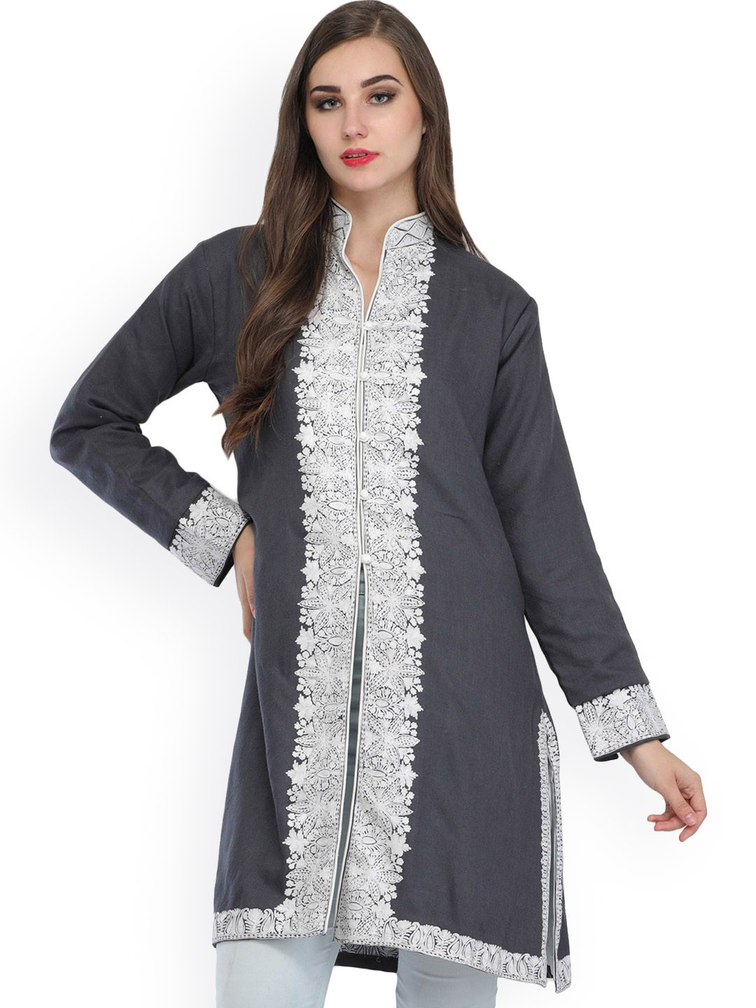

Exotic India Pure Wool Kashmiri Jacket with Aari-Embroidery on Border, Grey