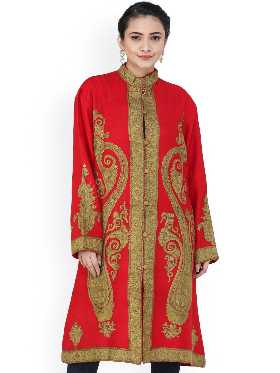 

Exotic India Women Woollen Longline Quilted Jacket with Patchwork, Red