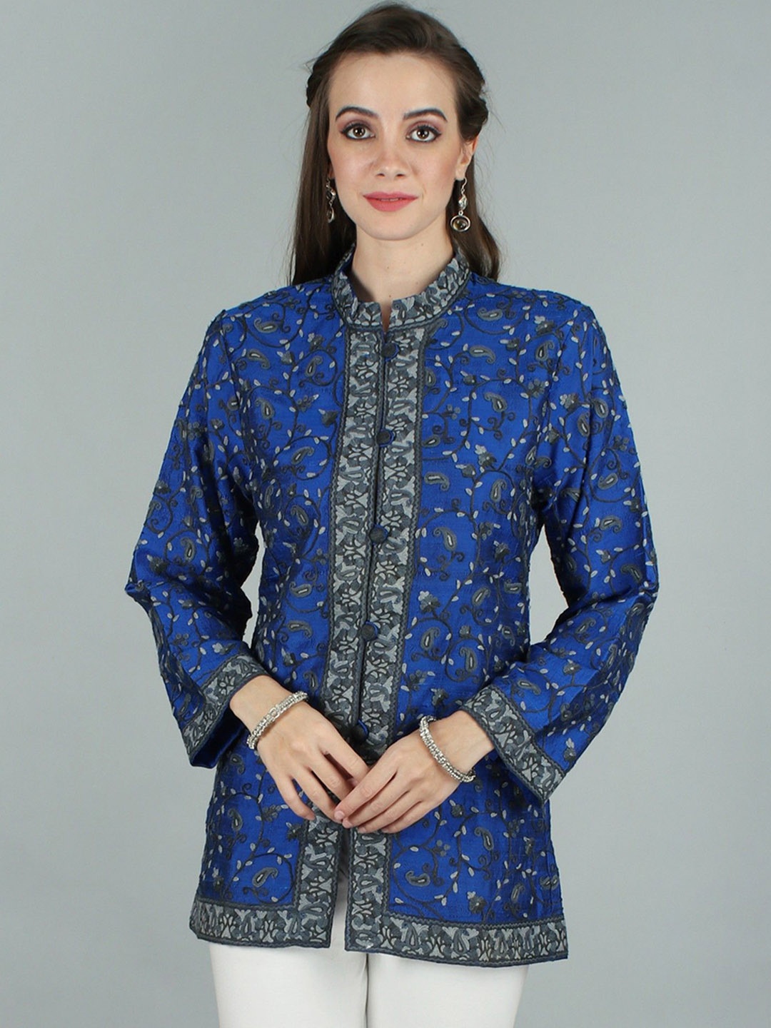 

Exotic India Women Floral Longline Tailored Jacket, Blue