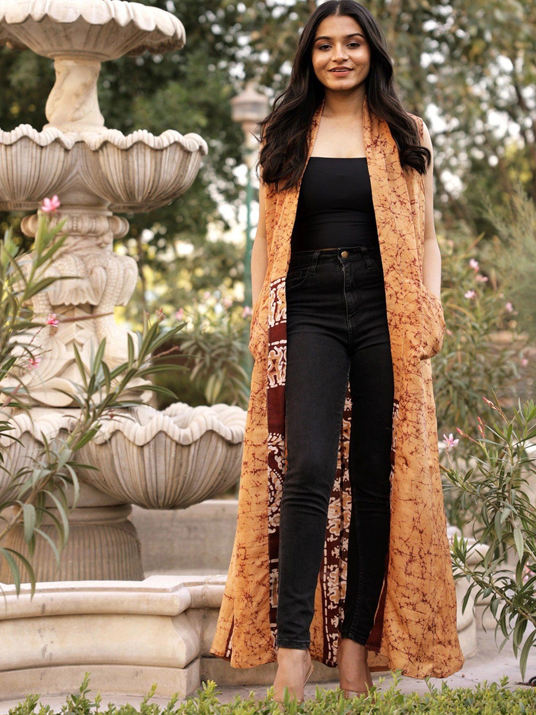 

Exotic India Women Floral Checked Vintage Pure Silk Longline Jacket with Pockets, Yellow