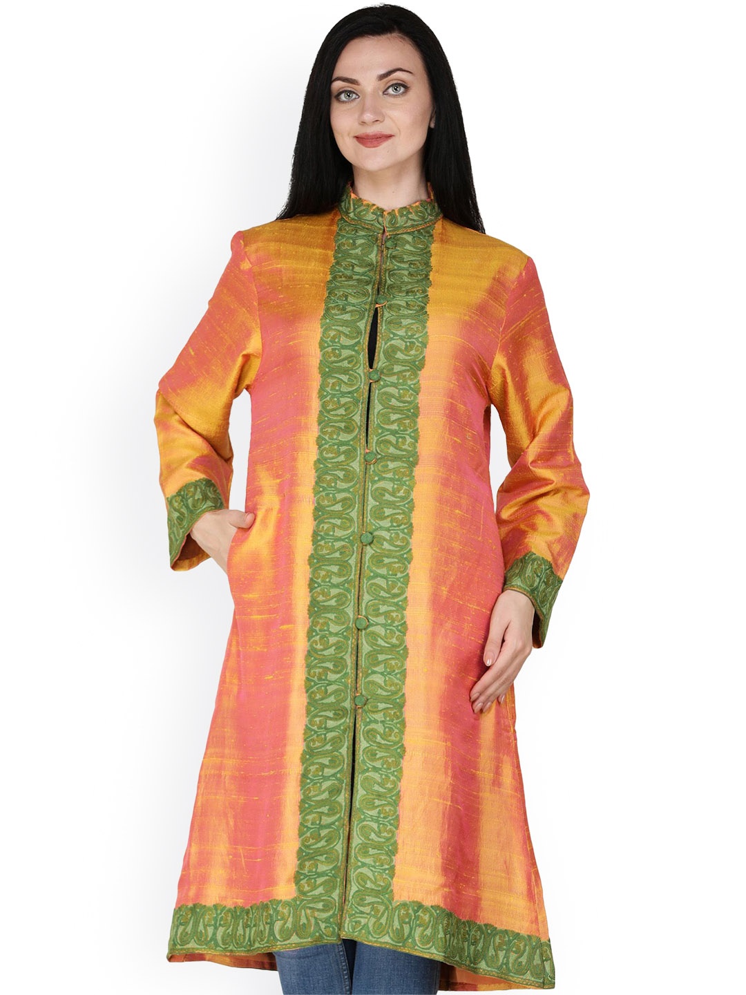 

Exotic India Women Checked Longline Denim Jacket, Yellow