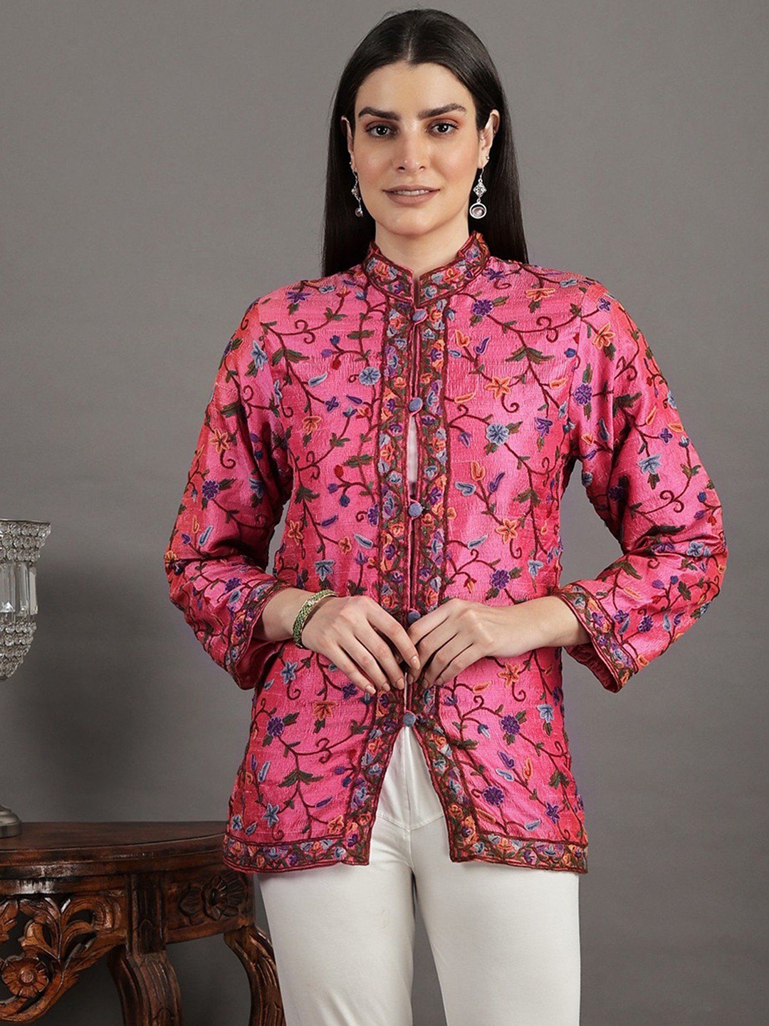 

Exotic India Women Floral Longline Bomber Jacket, Pink