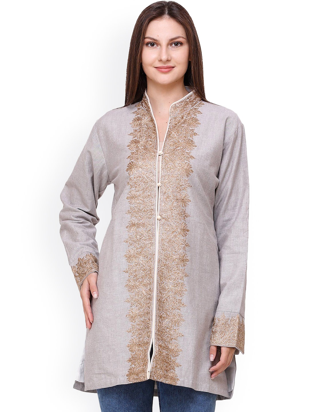 

Exotic India Aari-Embroidered Flowers Wind Chime Kashmiri Jacket, Grey
