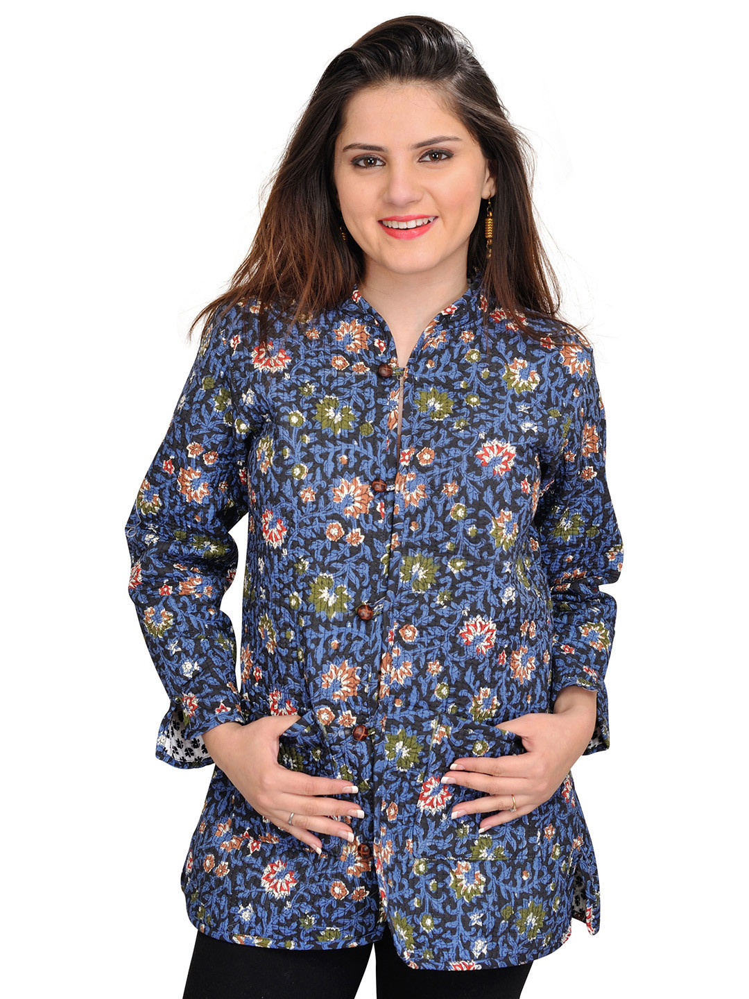

Exotic India Women Reversible winters Longline Tailored Jacket, Blue