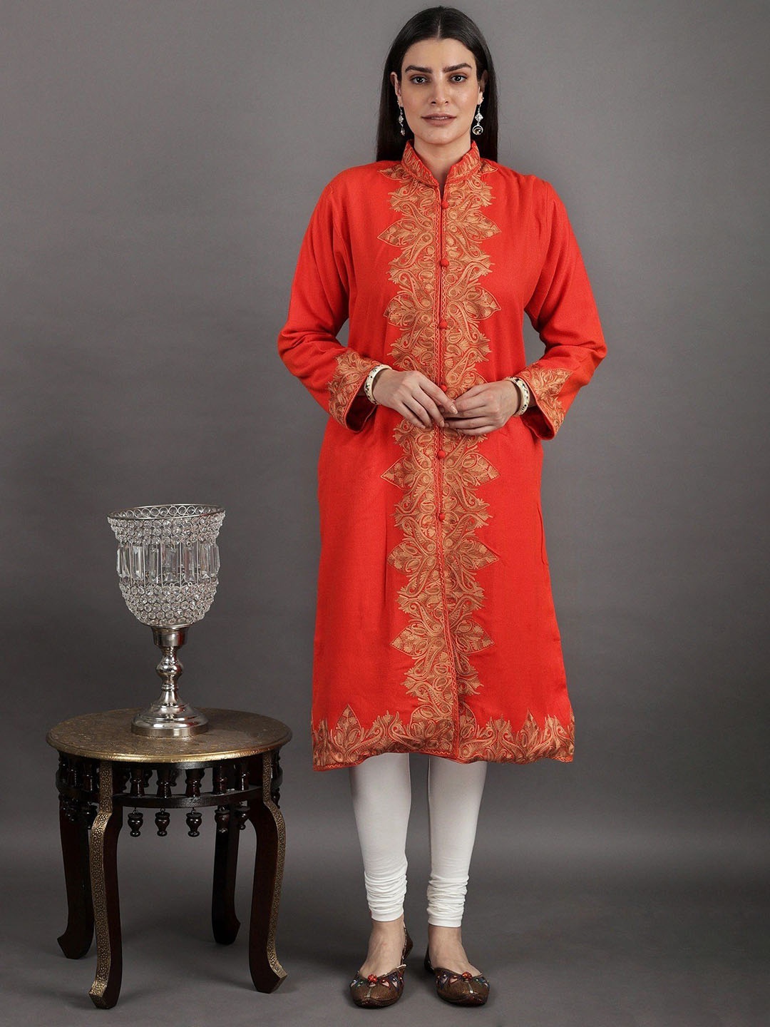 

Exotic India Women Floral Woollen Longline Open Front Jacket Embroidered, Orange
