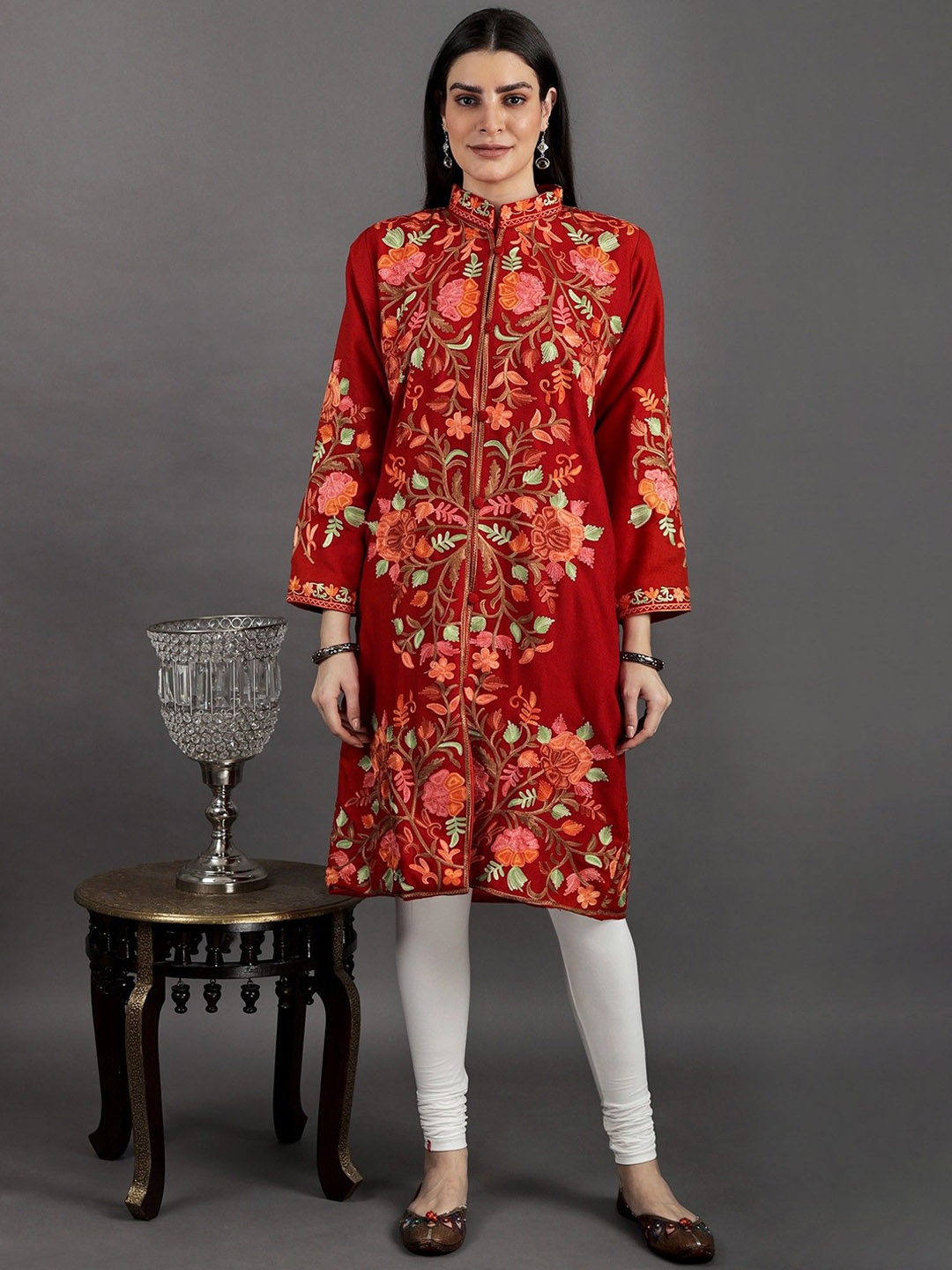 

Exotic India Women Floral Woollen Crop Tailored Jacket with Embroidered, Red