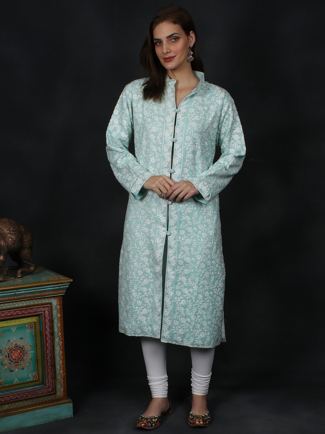 

Exotic India Aqua Mint Intricate Aari-Embroidered Floral Wool Kashmiri Long Jacket, Blue