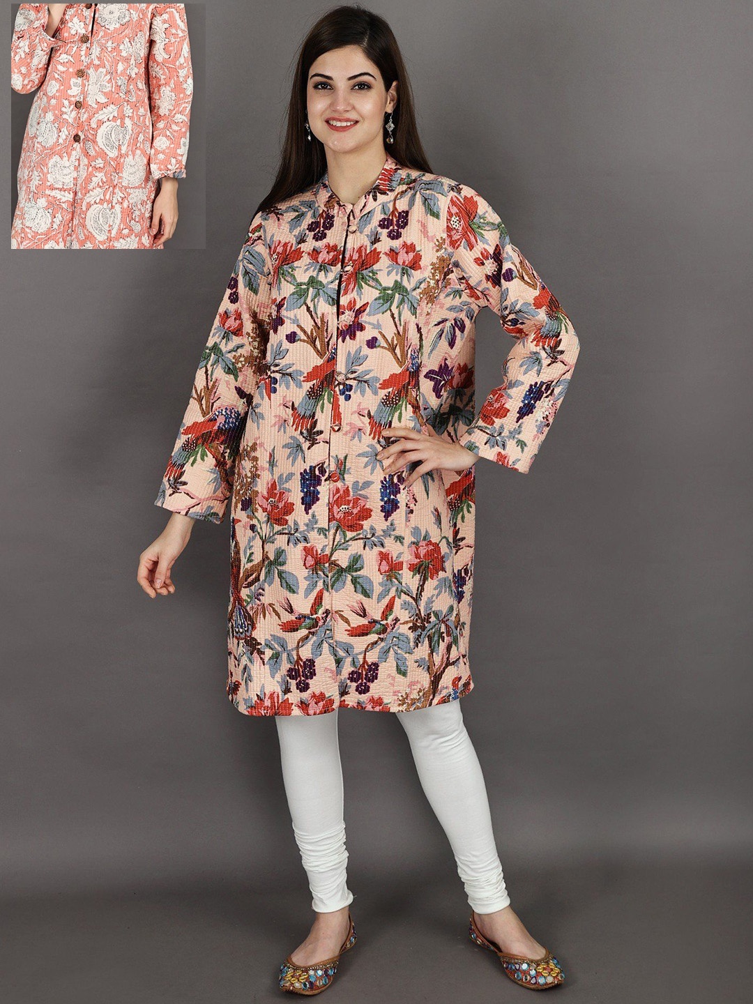 

Exotic India Pure Cotton Block-Printed Reversible Quilted Jodhpuri Jacket, Pink
