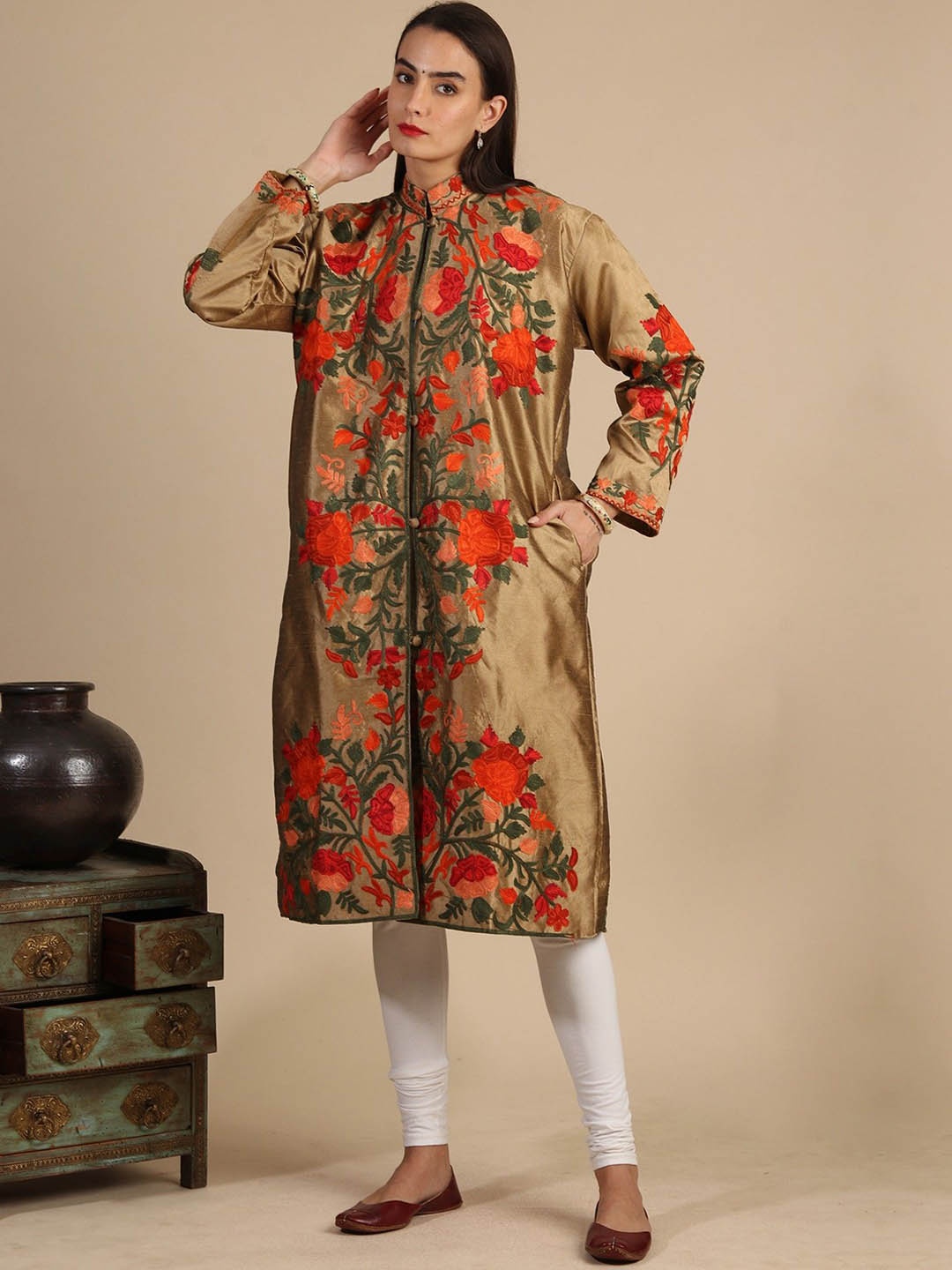 

Exotic India Bronze Peach Art Silk Kashmiri Long Jacket with Aari-Embroidered Floral Vine, Beige