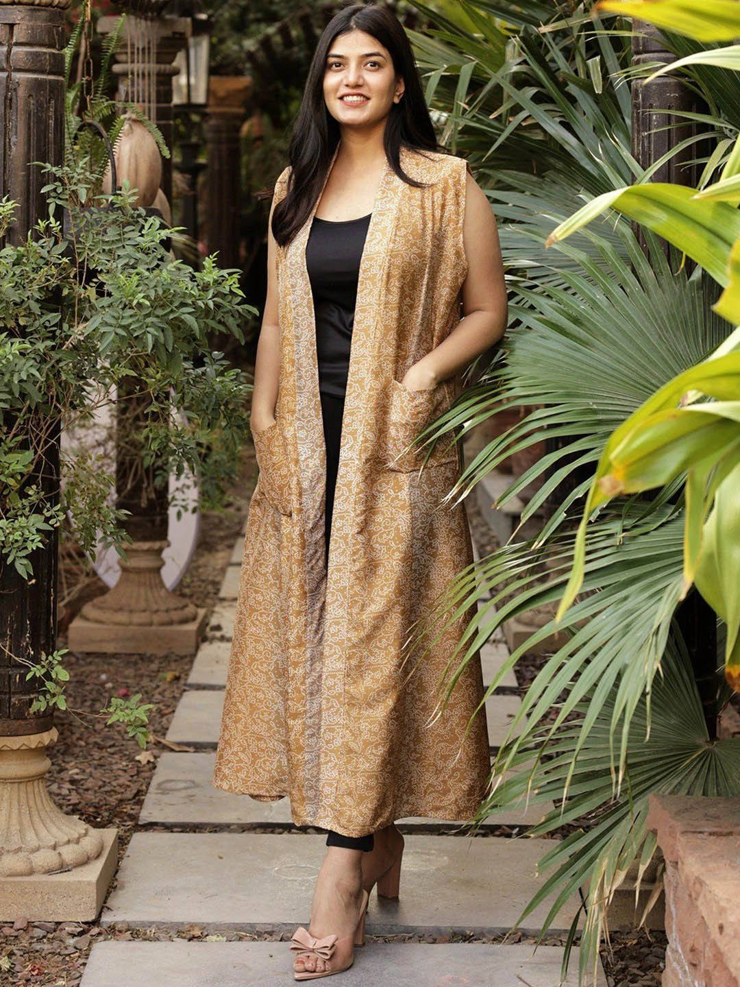 

Exotic India Vintage Pure Silk Honey Mustard Long Jacket with Pockets, Beige