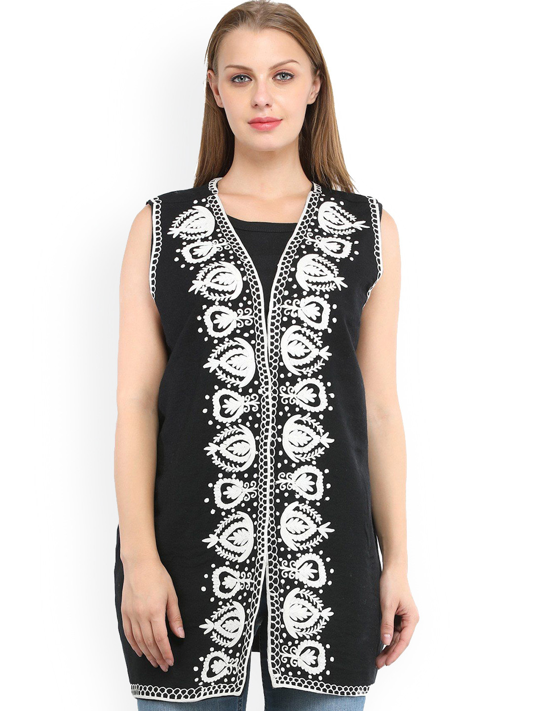 

Exotic India Women Floral Woollen Crop Padded Jacket with Embroidered, Black