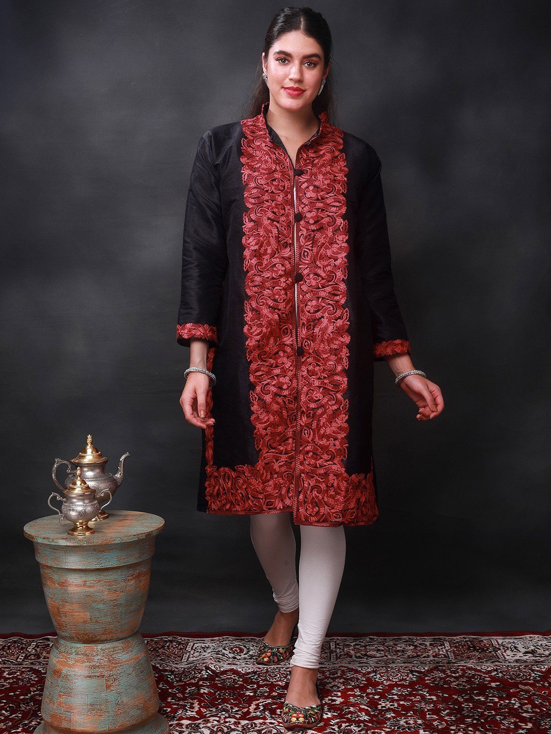 

Exotic India Caviar Black Kashmiri Long Jacket with Aari-Embroidered Paisley-Floral Vine