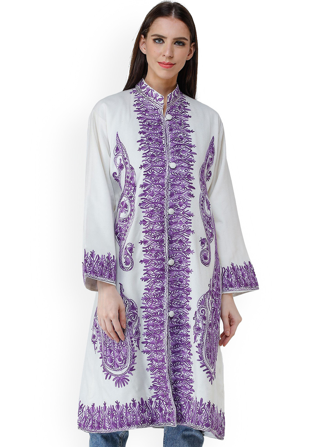 

Exotic India Snow White Kashmiri Long Jacket with Purple Chain Stitch Embroidered Flowers, Off white