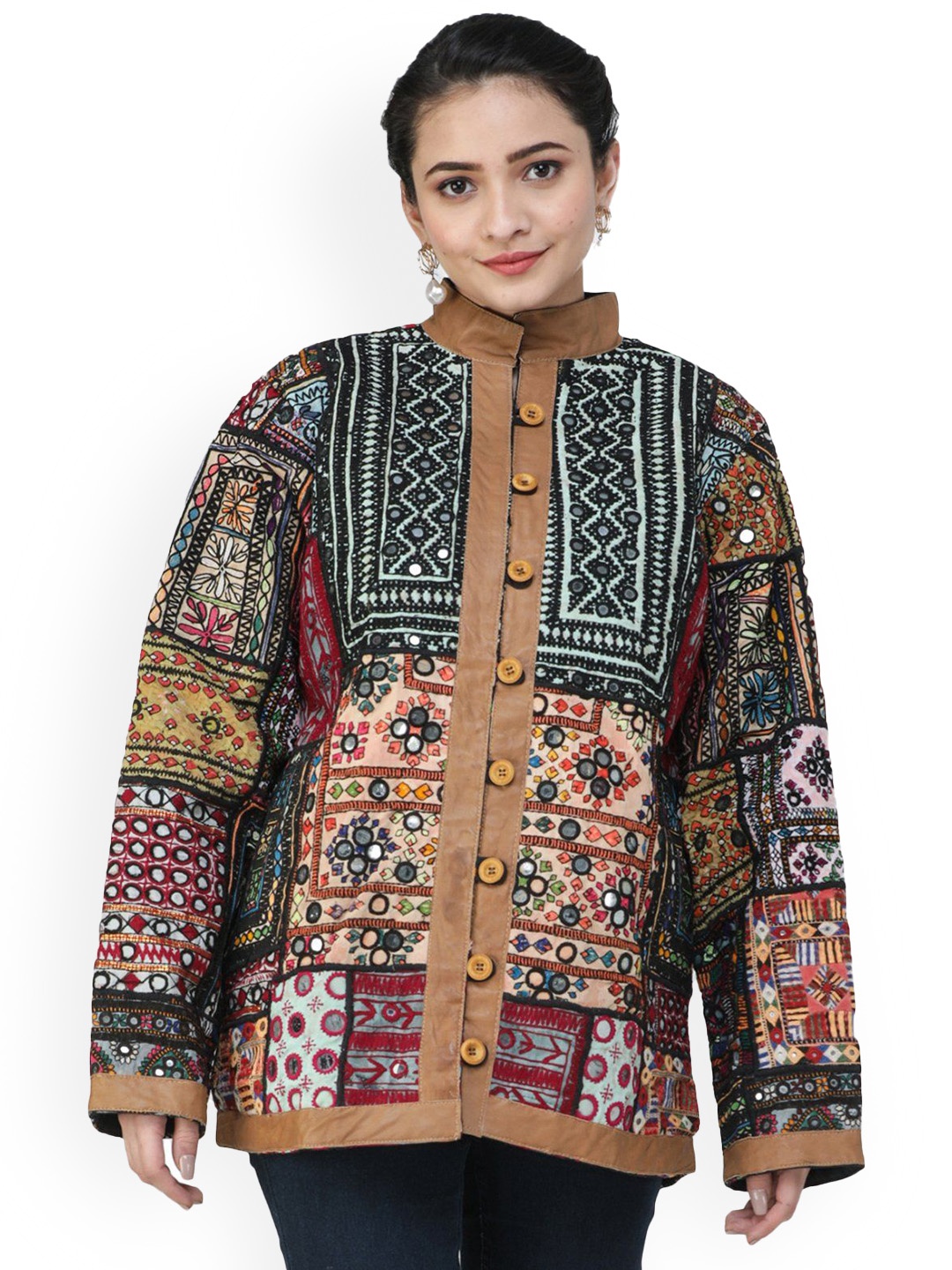 

Exotic India Multicolored Hand-Embroidered Patchworks Pure Cotton Jacket and Leather Trims, Multi