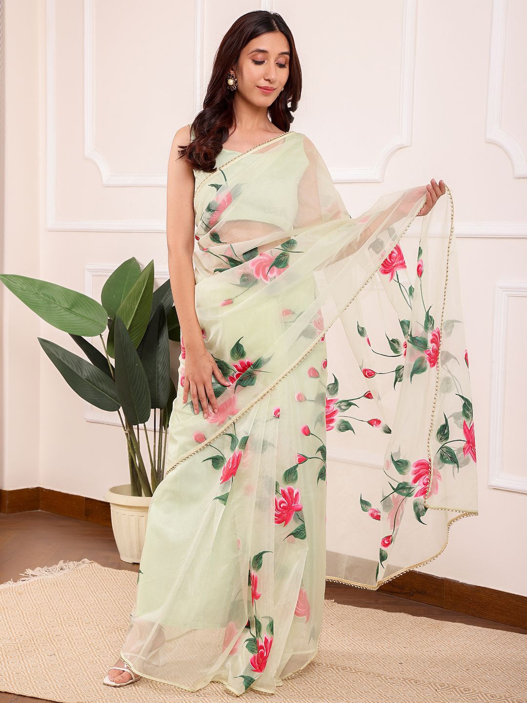 

Chowkhat Floral Organza Saree, Green