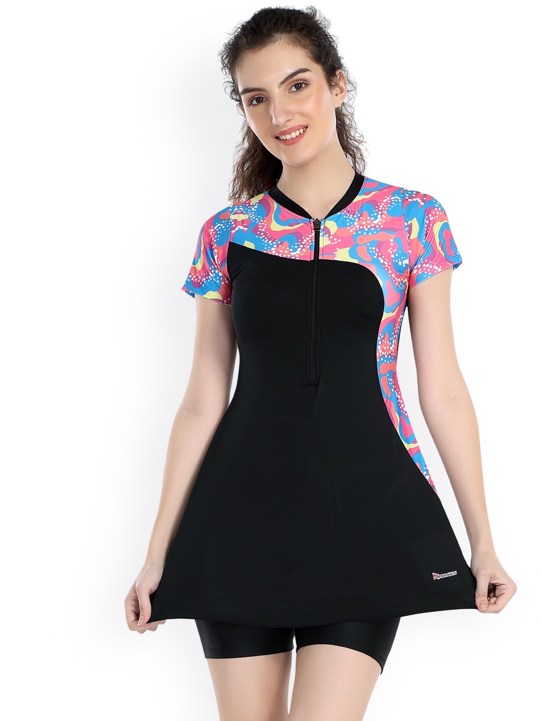 

ROVARS Printed Swim Dress, Black