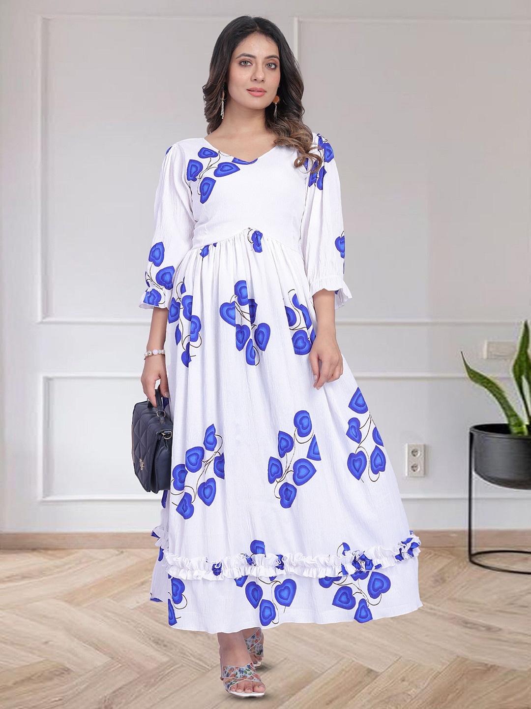 

N N ENTERPRISE Floral Print Puff Sleeve Fit & Flare Maxi Dress, Blue