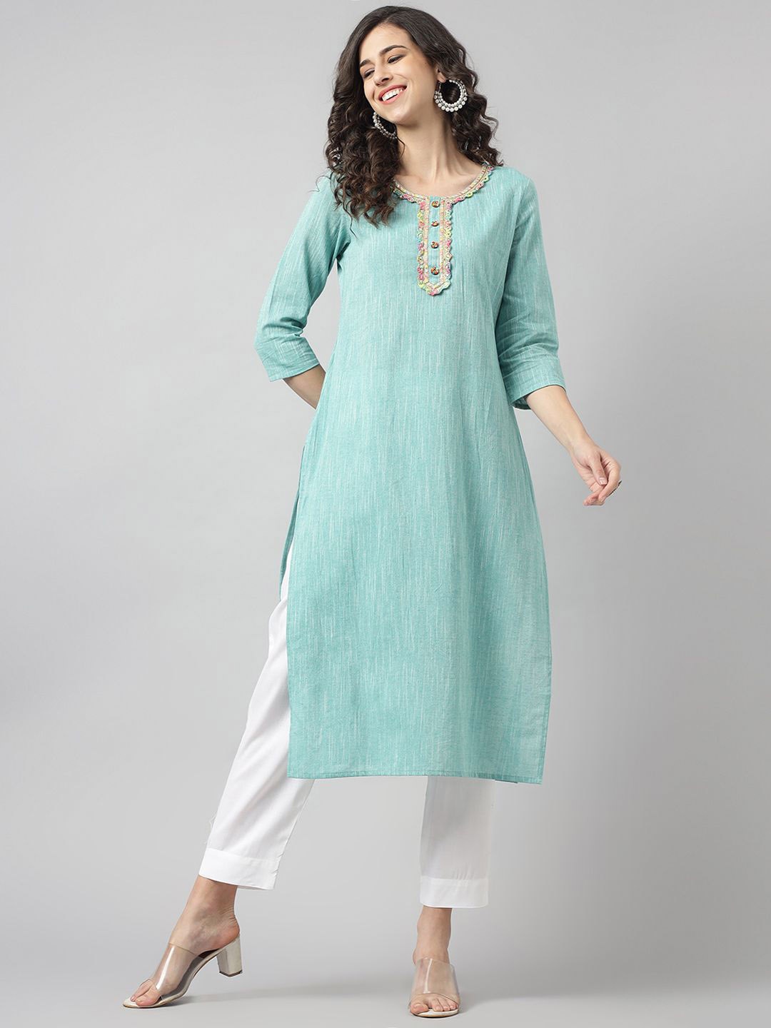

Neemiya Women Geometric Striped Keyhole Neck Kurta, Blue