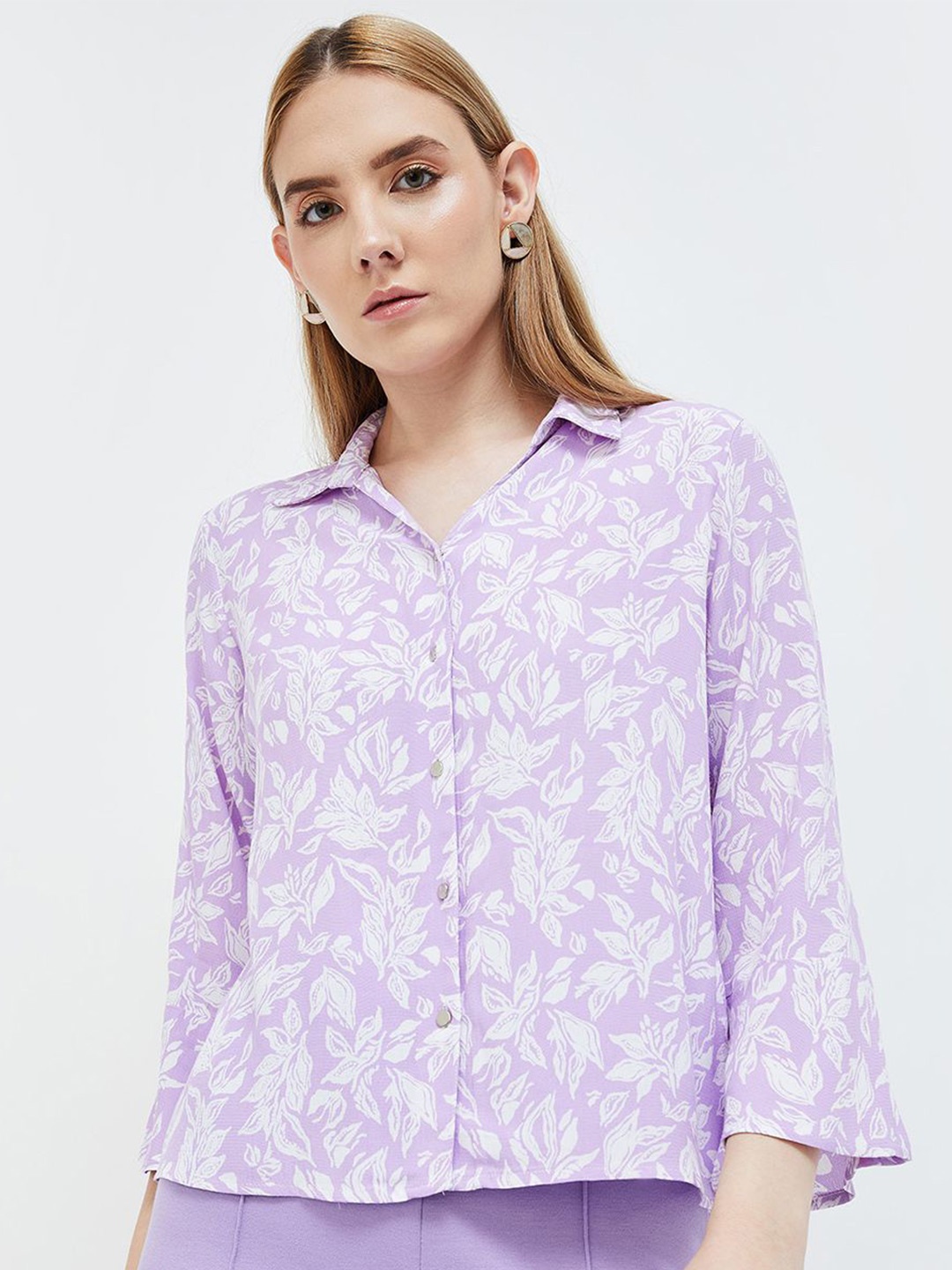 

CODE by Lifestyle Floral Print Flared Sleeve Shirt Style Top, Purple