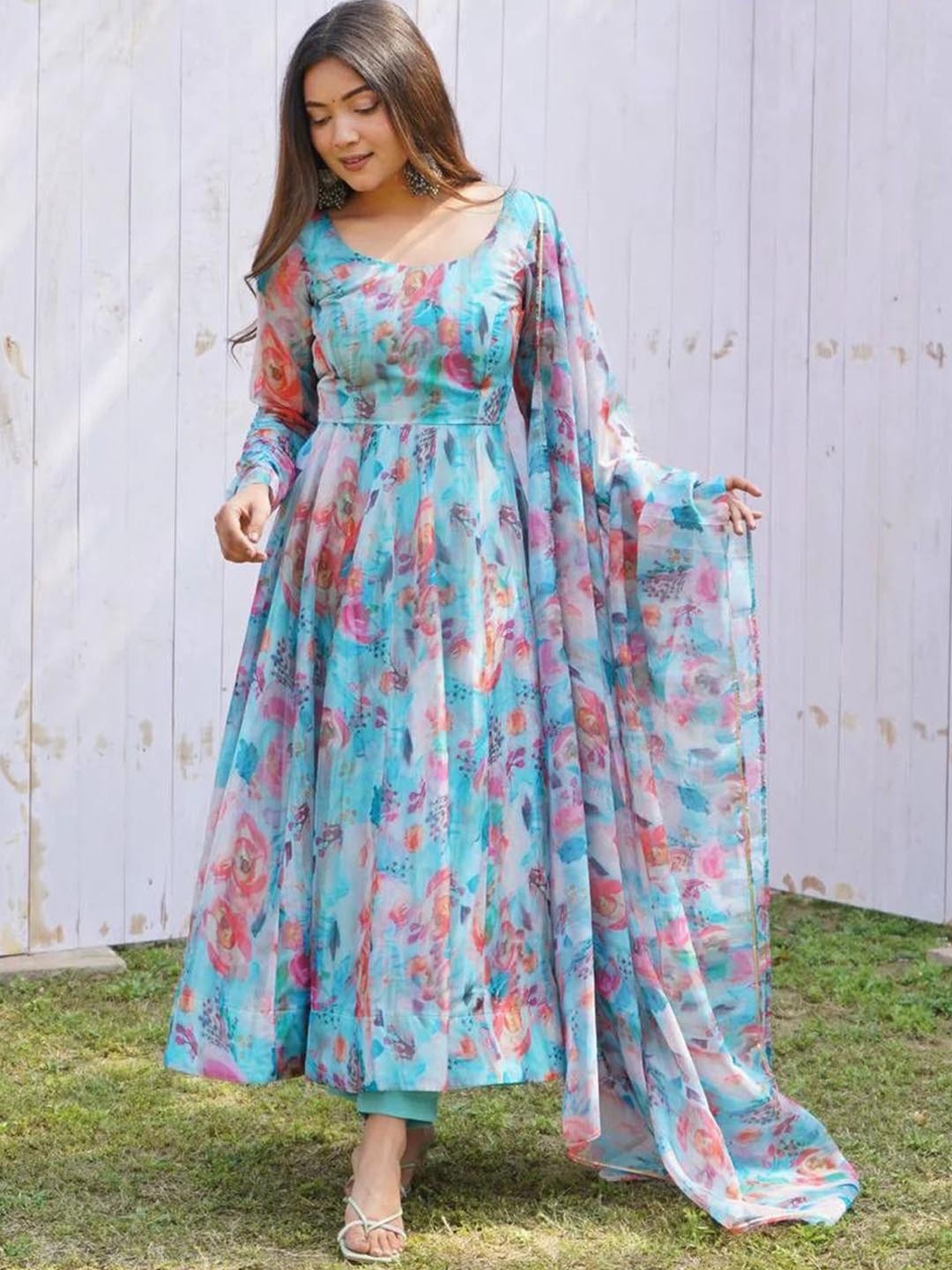 

KALINI Women Floral Printed Regular Kurta with Trousers & With Dupatta, Blue